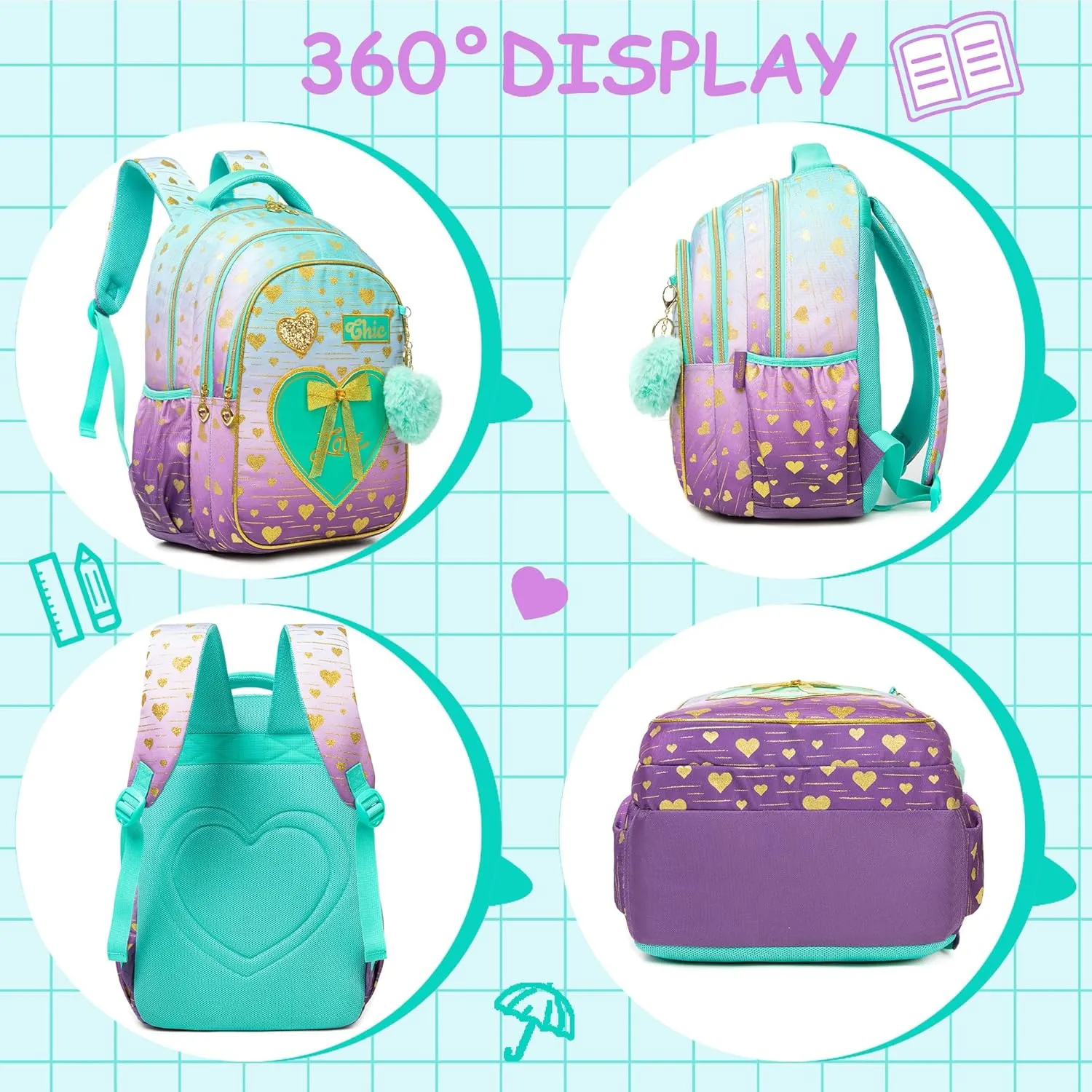 Meetbelify Kids Backpacks for Girls Backpacks for School Kids Canvas Travel Laptop Backpack with Lunch Box for Elementary Students Girls Back to School Bookbag Ages 8-10