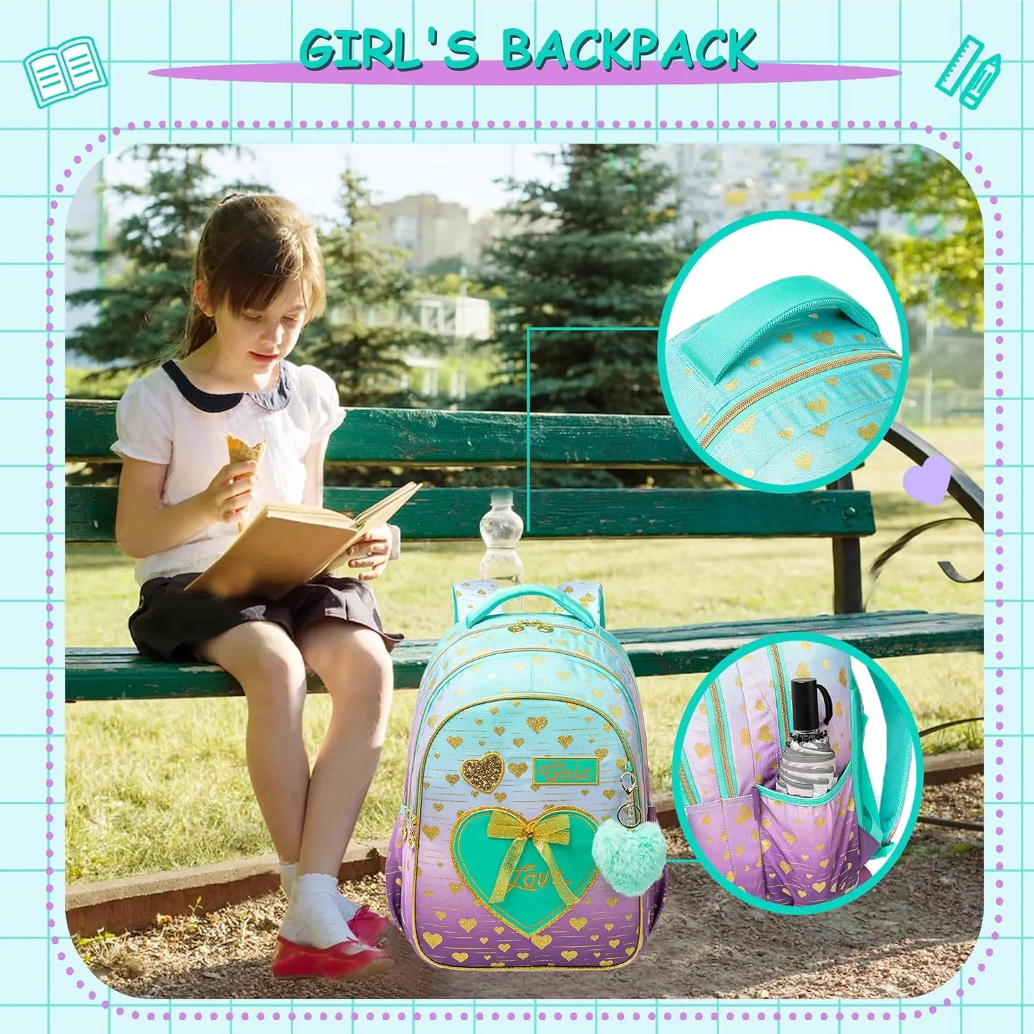 Meetbelify Kids Backpacks for Girls Backpacks for School Kids Canvas Travel Laptop Backpack with Lunch Box for Elementary Students Girls Back to School Bookbag Ages 8-10
