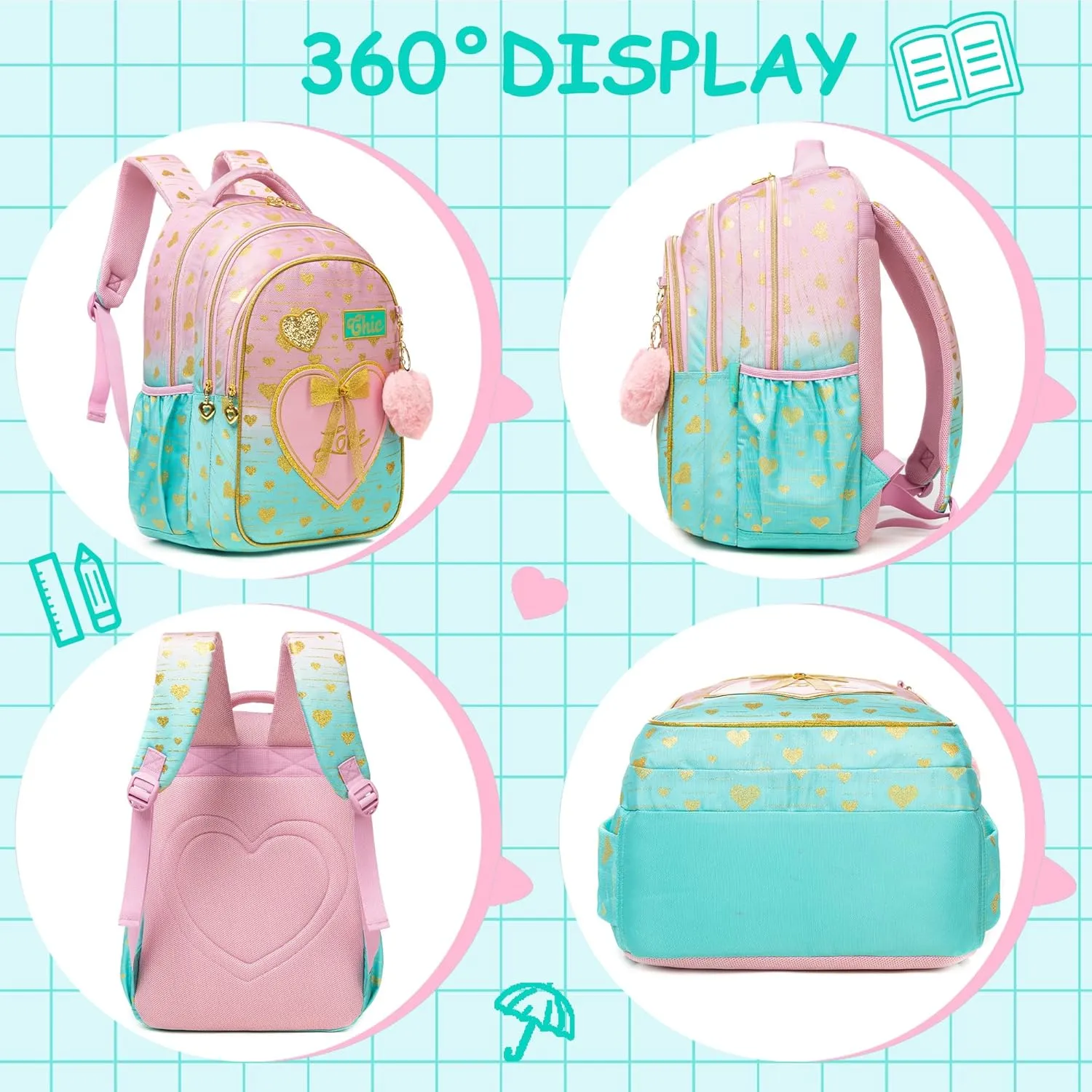 Meetbelify Kids Backpacks for Girls Backpacks for School Kids Canvas Travel Laptop Backpack with Lunch Box for Elementary Students Girls Back to School Bookbag Ages 8-10