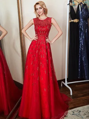 Modern Red Tulle A-Line Formal Prom Long Dresses