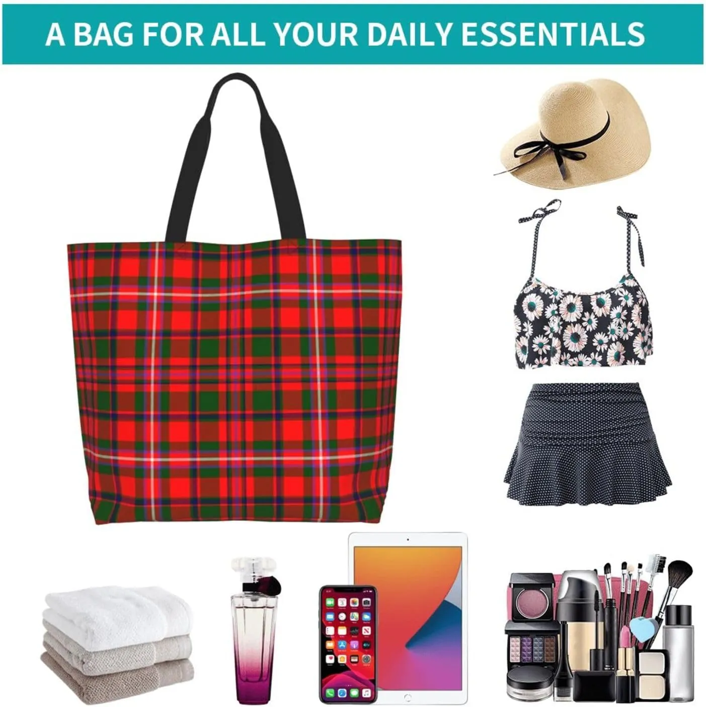 Modern Tartan Tote Bag For Women Weekender Travel Bag Reusable Grocery Bags Large Totes Handbags