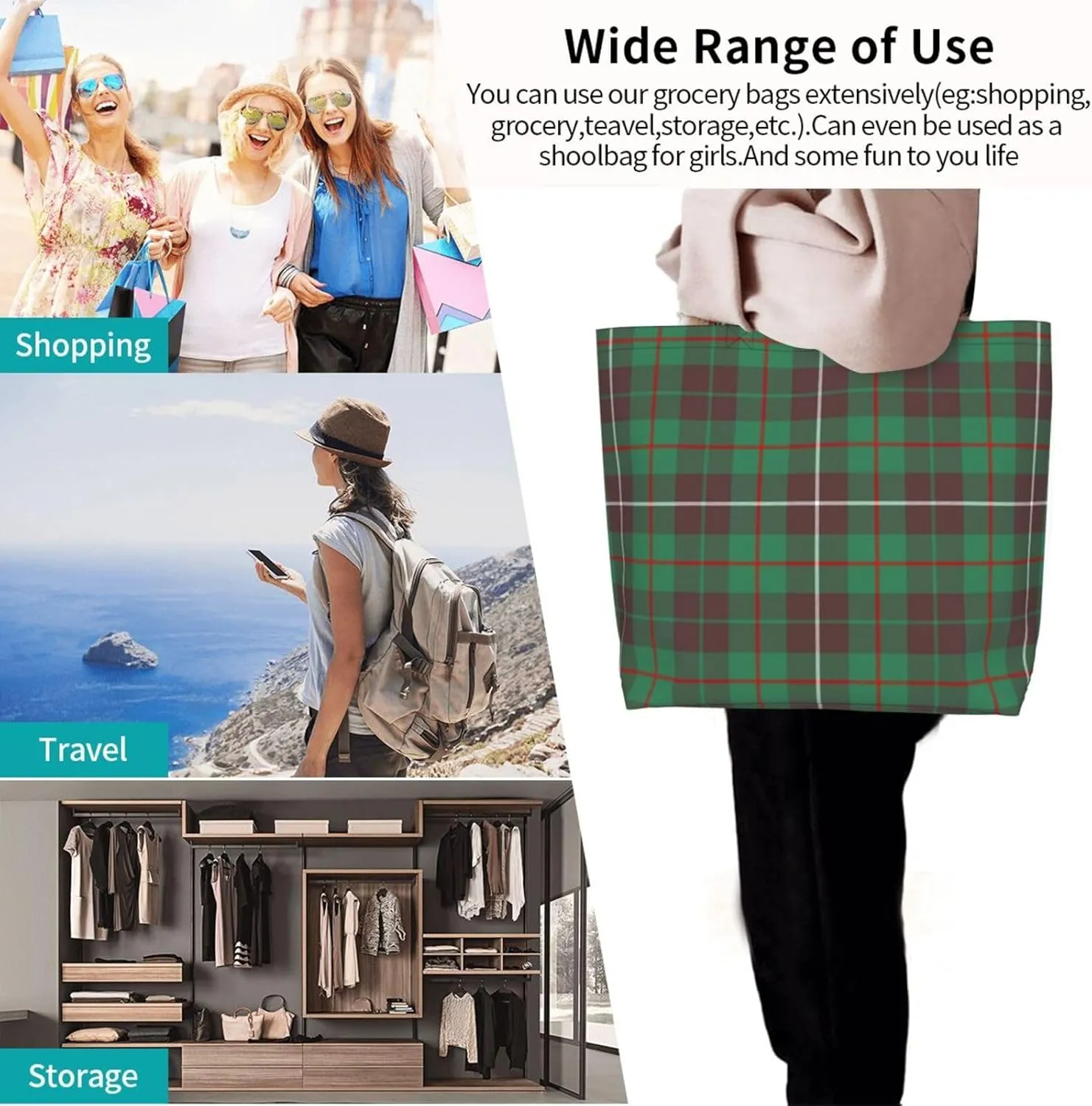 Modern Tartan Tote Bag For Women Weekender Travel Bag Reusable Grocery Bags Large Totes Handbags