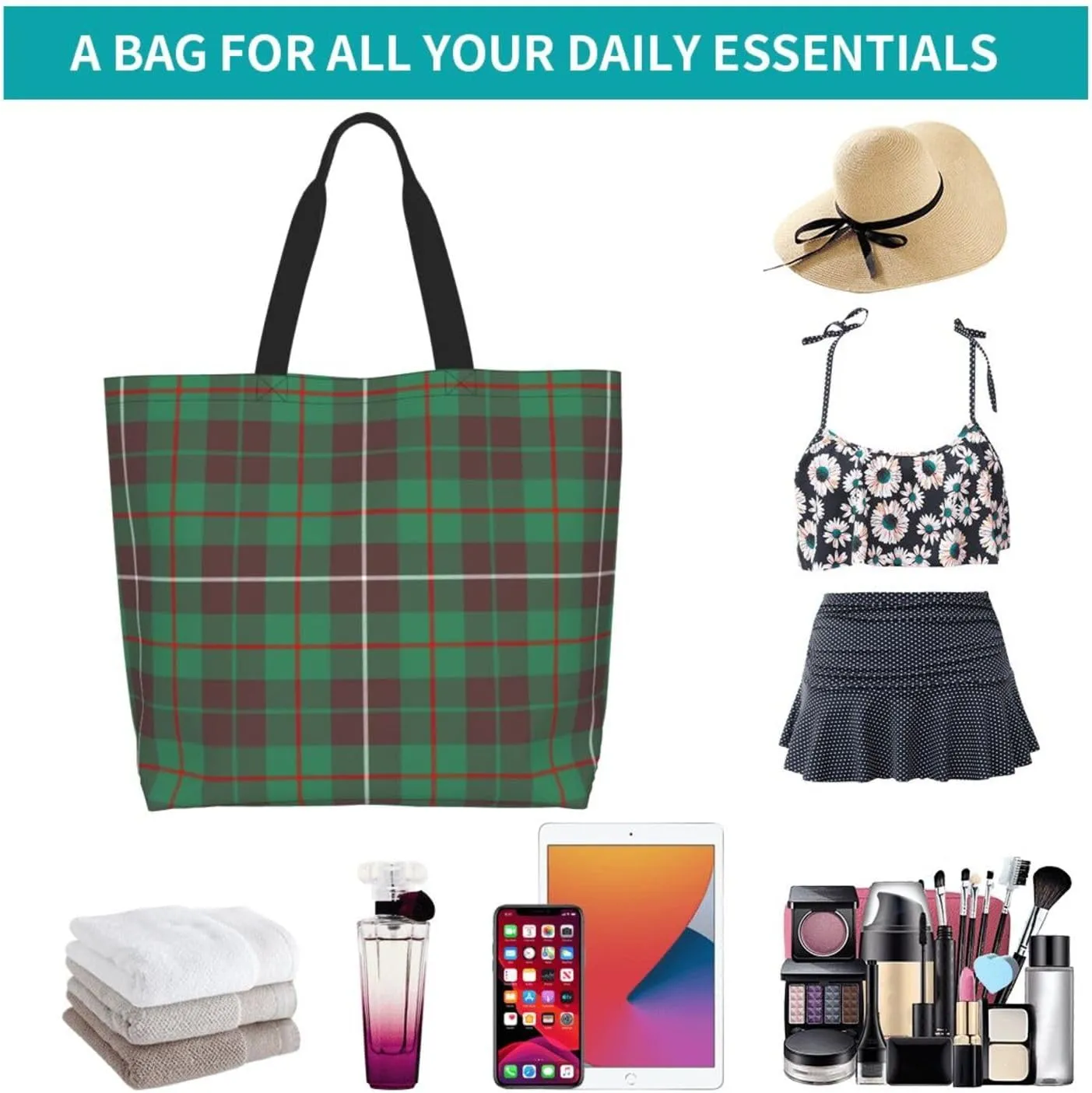 Modern Tartan Tote Bag For Women Weekender Travel Bag Reusable Grocery Bags Large Totes Handbags