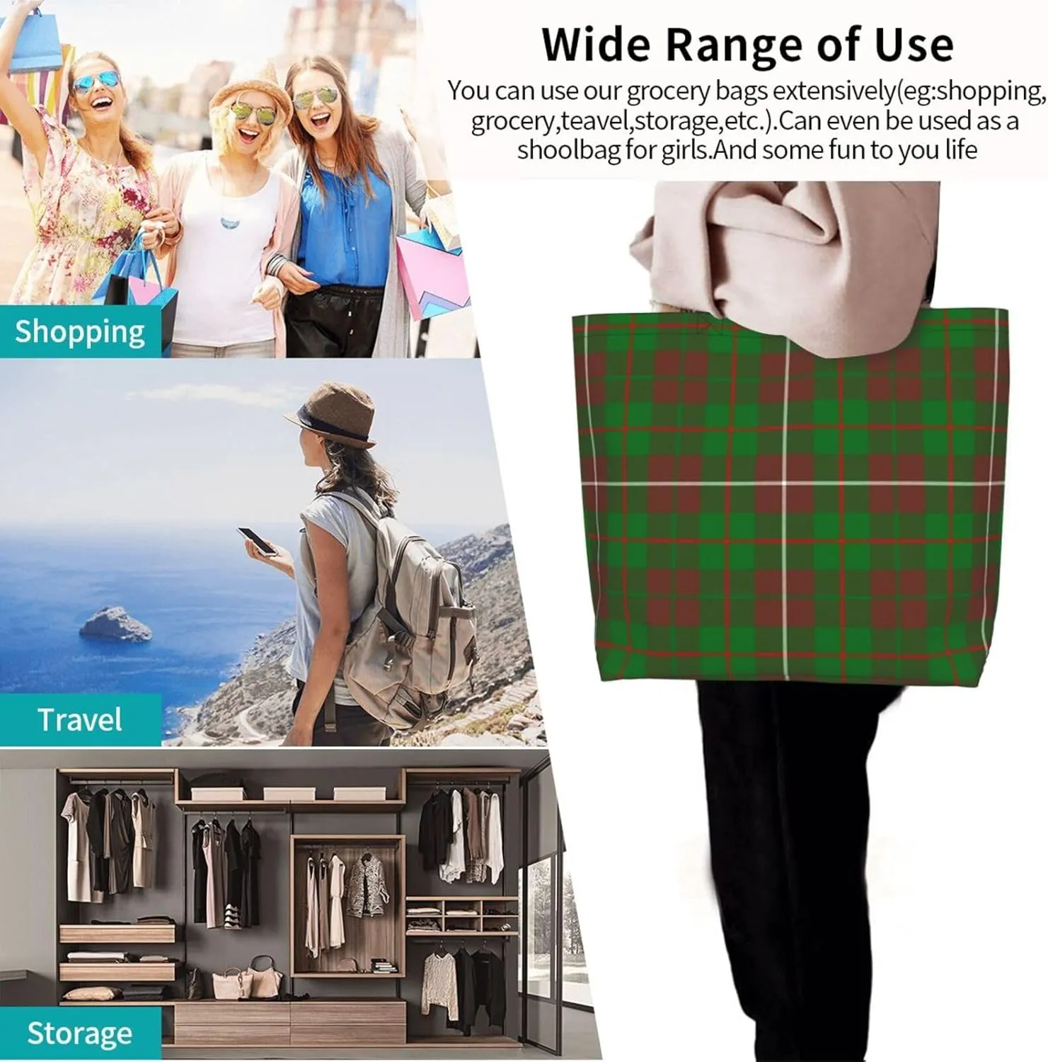 Modern Tartan Tote Bag For Women Weekender Travel Bag Reusable Grocery Bags Large Totes Handbags