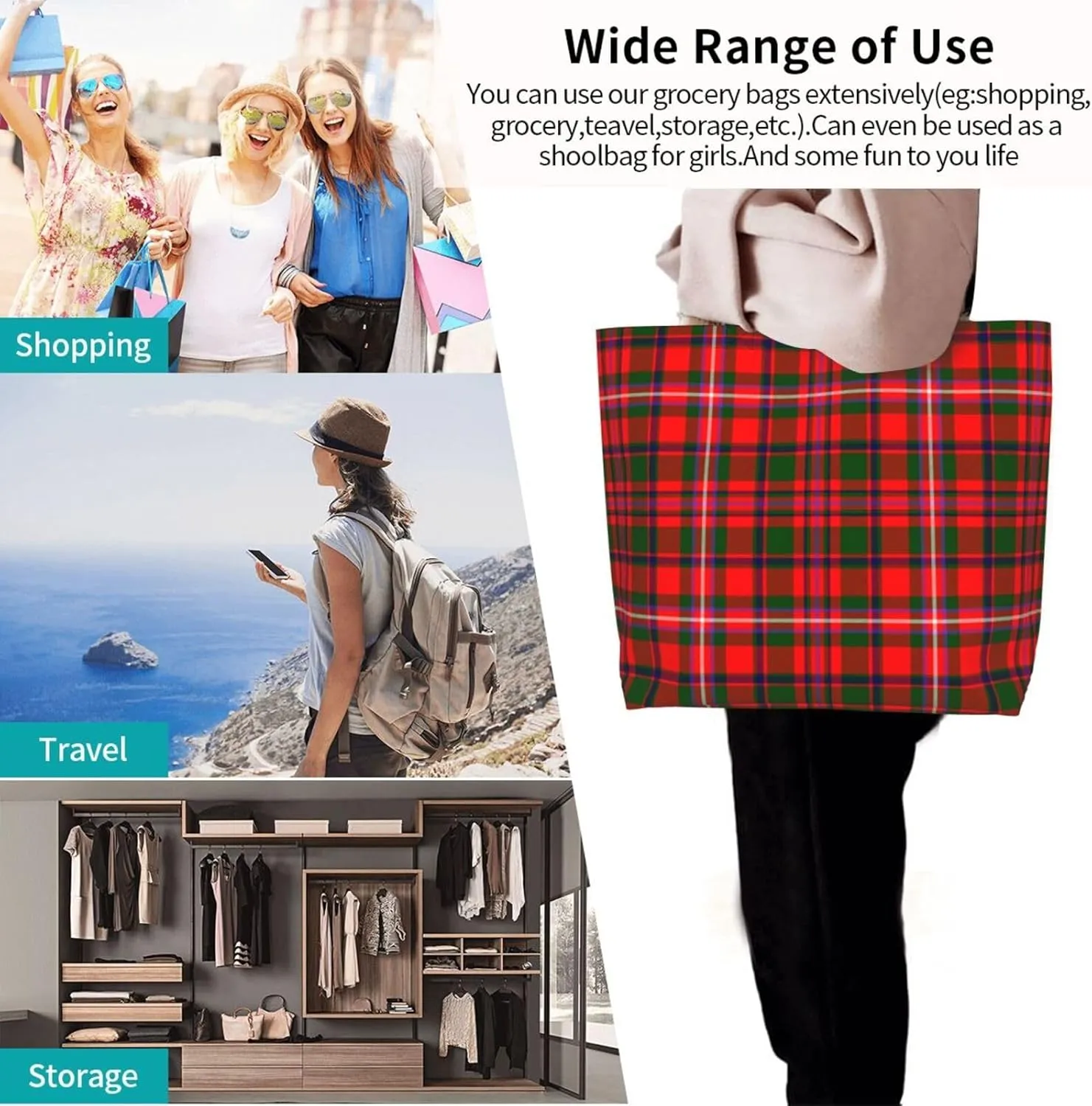 Modern Tartan Tote Bag For Women Weekender Travel Bag Reusable Grocery Bags Large Totes Handbags
