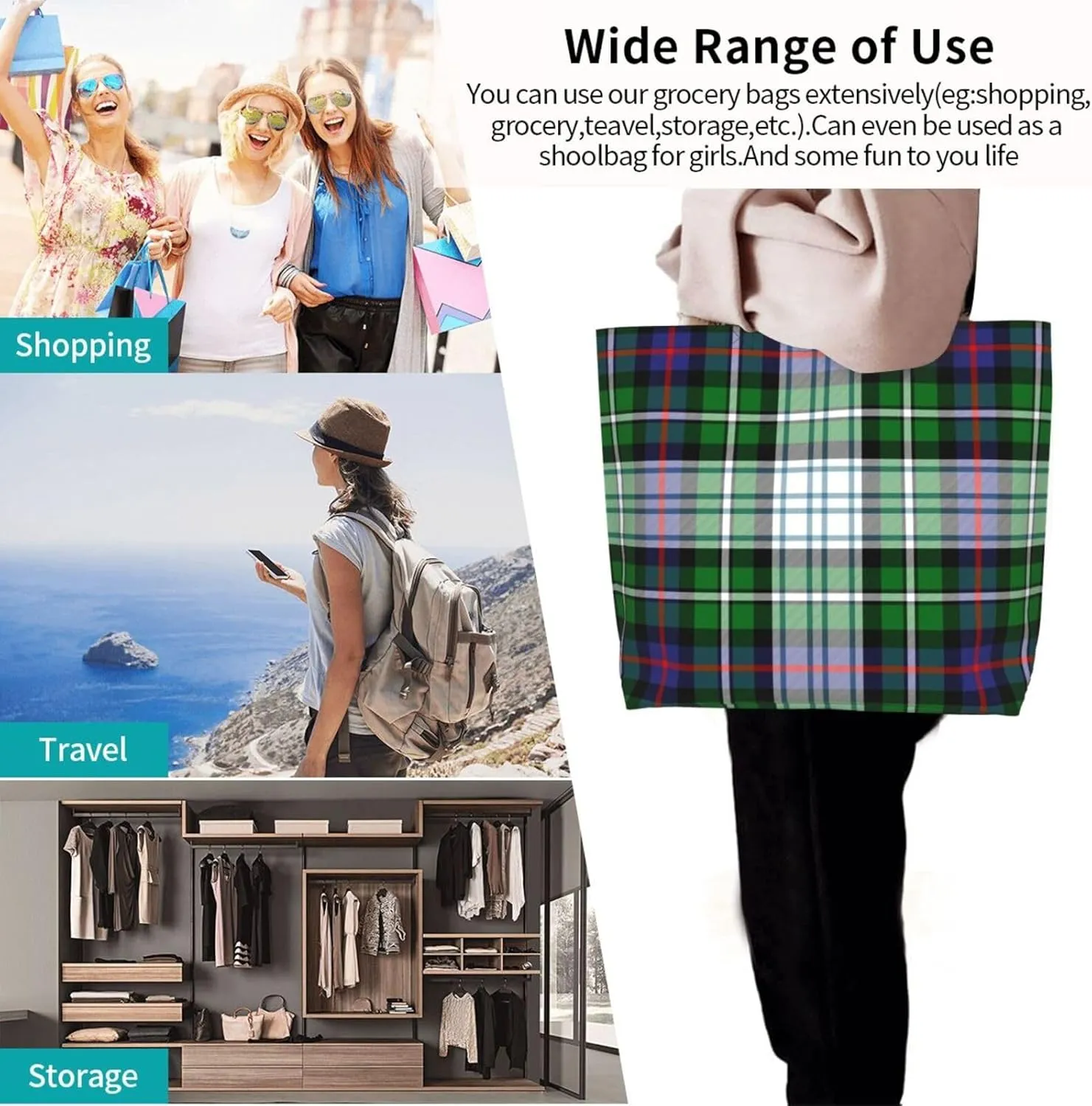 Modern Tartan Tote Bag For Women Weekender Travel Bag Reusable Grocery Bags Large Totes Handbags