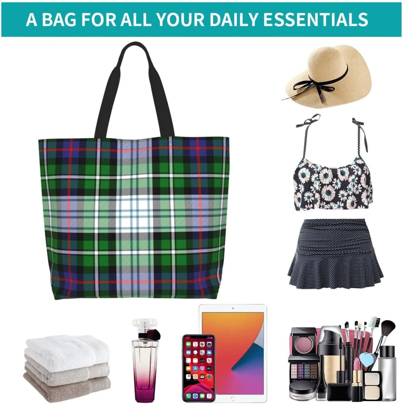 Modern Tartan Tote Bag For Women Weekender Travel Bag Reusable Grocery Bags Large Totes Handbags