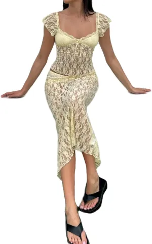 Mxiqqpltky Lace Maxi Skirt Set for Women 2 Piece Outfit Cap Sleeve Low Cut Crop Top and Low Waist Long Skirt Y2k Clubwear
