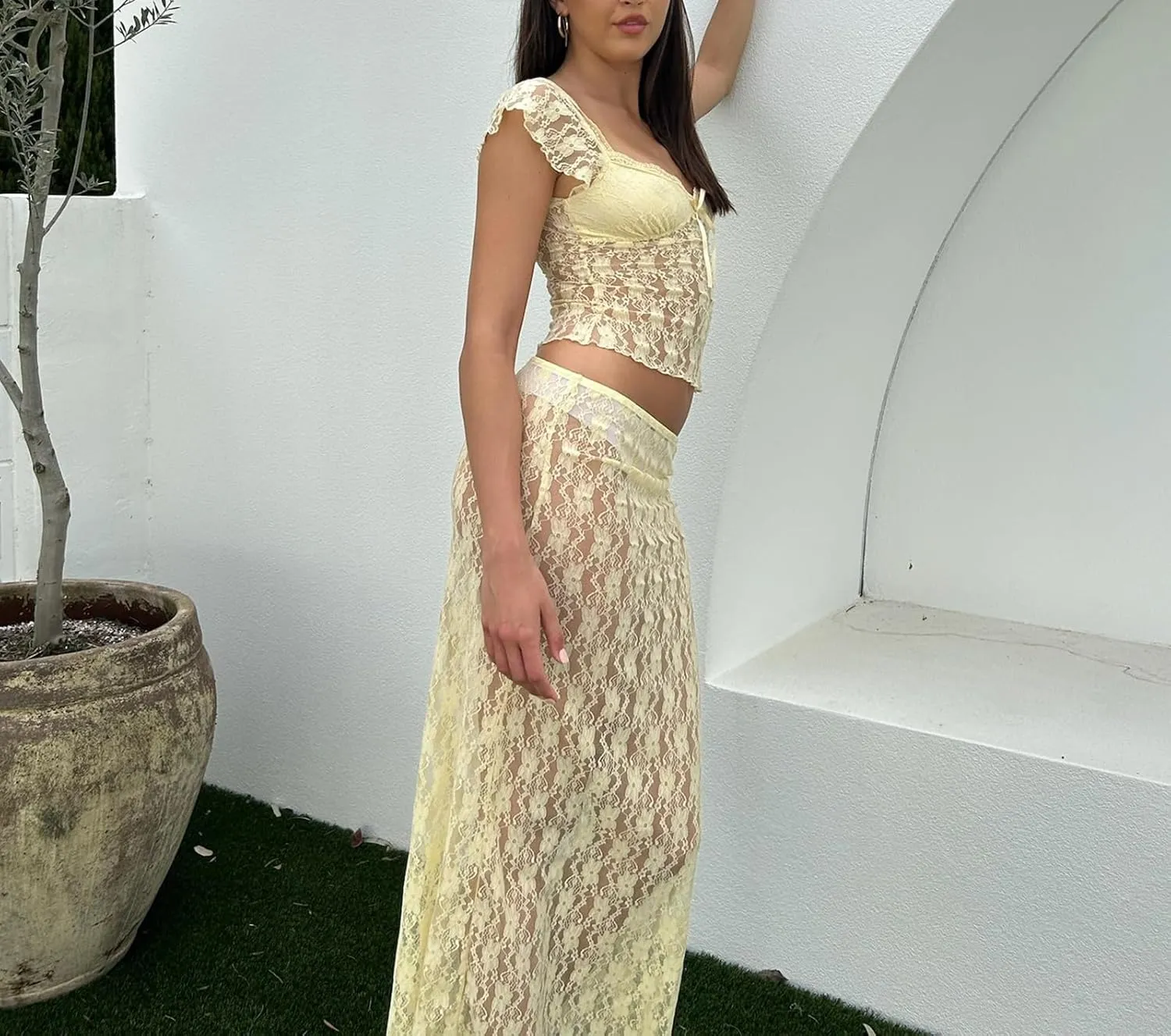 Mxiqqpltky Lace Maxi Skirt Set for Women 2 Piece Outfit Cap Sleeve Low Cut Crop Top and Low Waist Long Skirt Y2k Clubwear