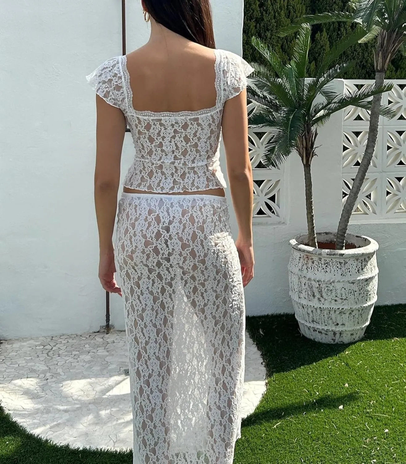 Mxiqqpltky Lace Maxi Skirt Set for Women 2 Piece Outfit Cap Sleeve Low Cut Crop Top and Low Waist Long Skirt Y2k Clubwear