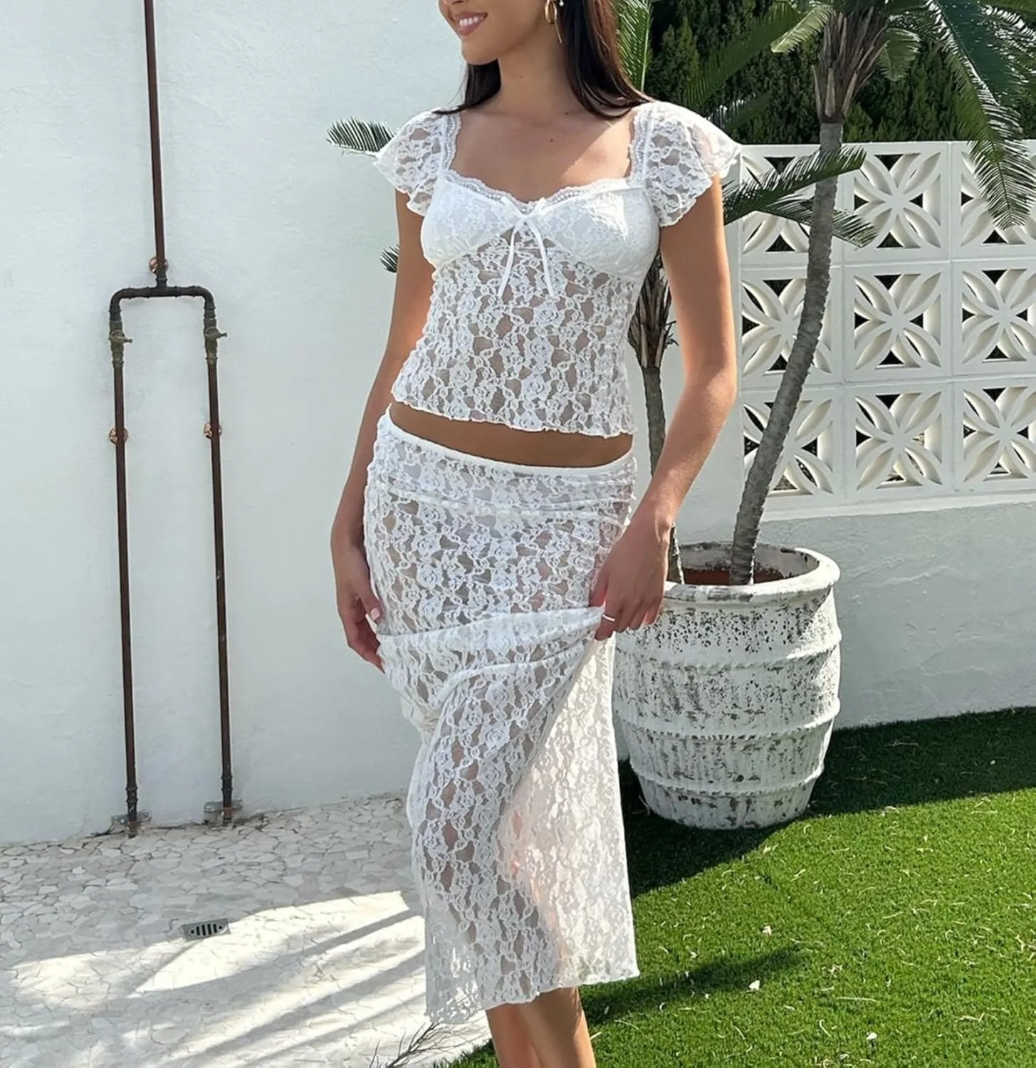 Mxiqqpltky Lace Maxi Skirt Set for Women 2 Piece Outfit Cap Sleeve Low Cut Crop Top and Low Waist Long Skirt Y2k Clubwear