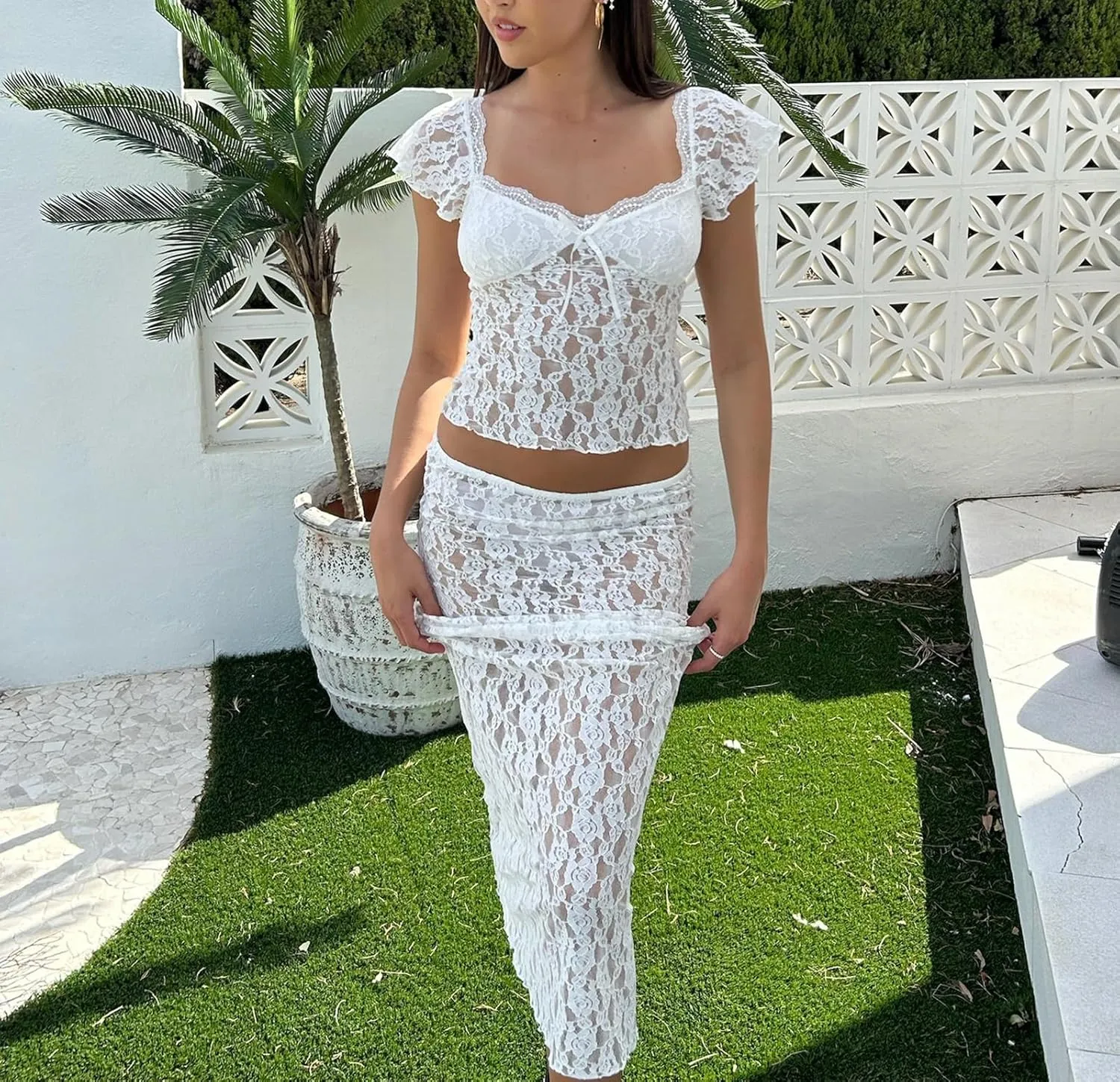 Mxiqqpltky Lace Maxi Skirt Set for Women 2 Piece Outfit Cap Sleeve Low Cut Crop Top and Low Waist Long Skirt Y2k Clubwear