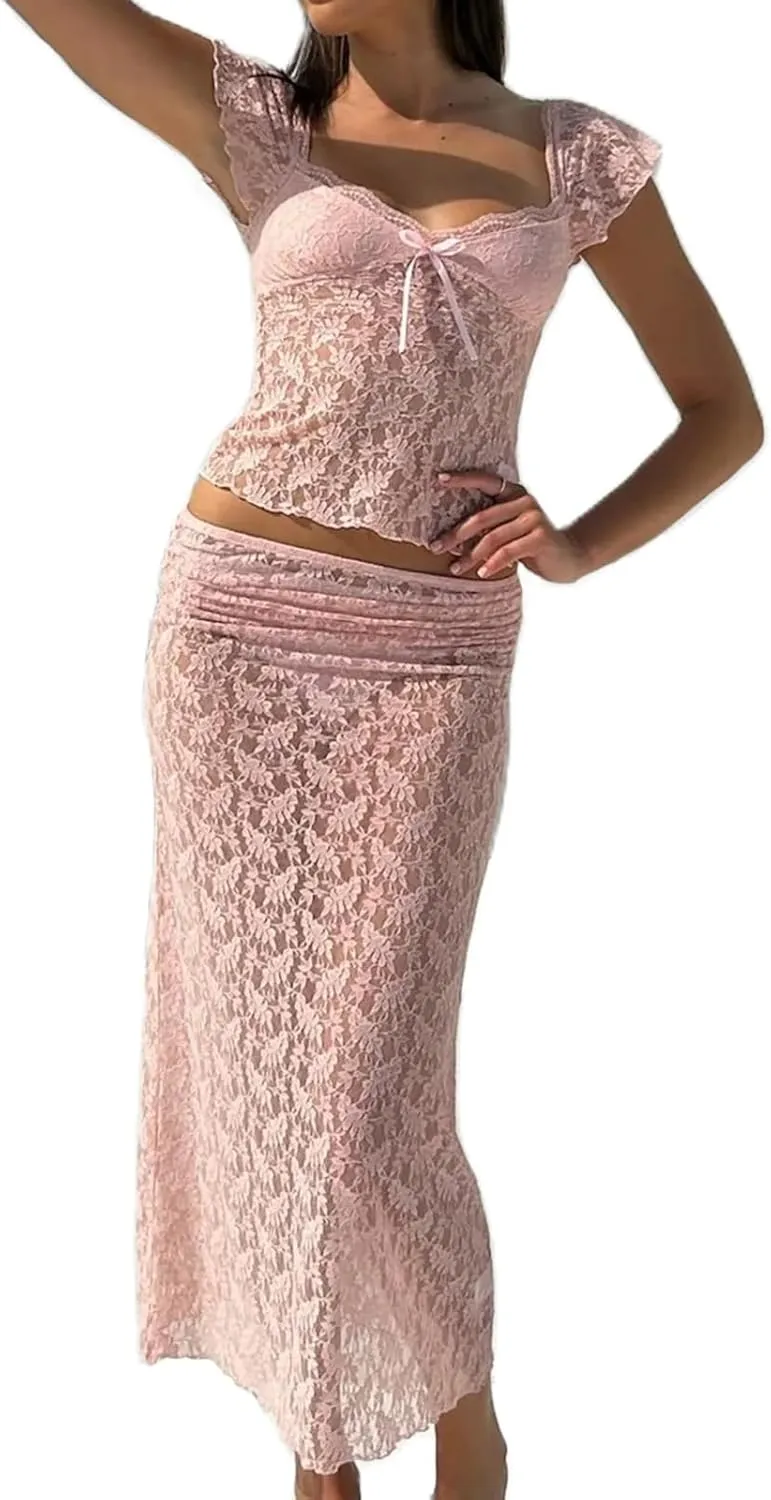 Mxiqqpltky Lace Maxi Skirt Set for Women 2 Piece Outfit Cap Sleeve Low Cut Crop Top and Low Waist Long Skirt Y2k Clubwear