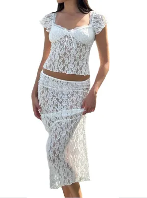 Mxiqqpltky Lace Maxi Skirt Set for Women 2 Piece Outfit Cap Sleeve Low Cut Crop Top and Low Waist Long Skirt Y2k Clubwear