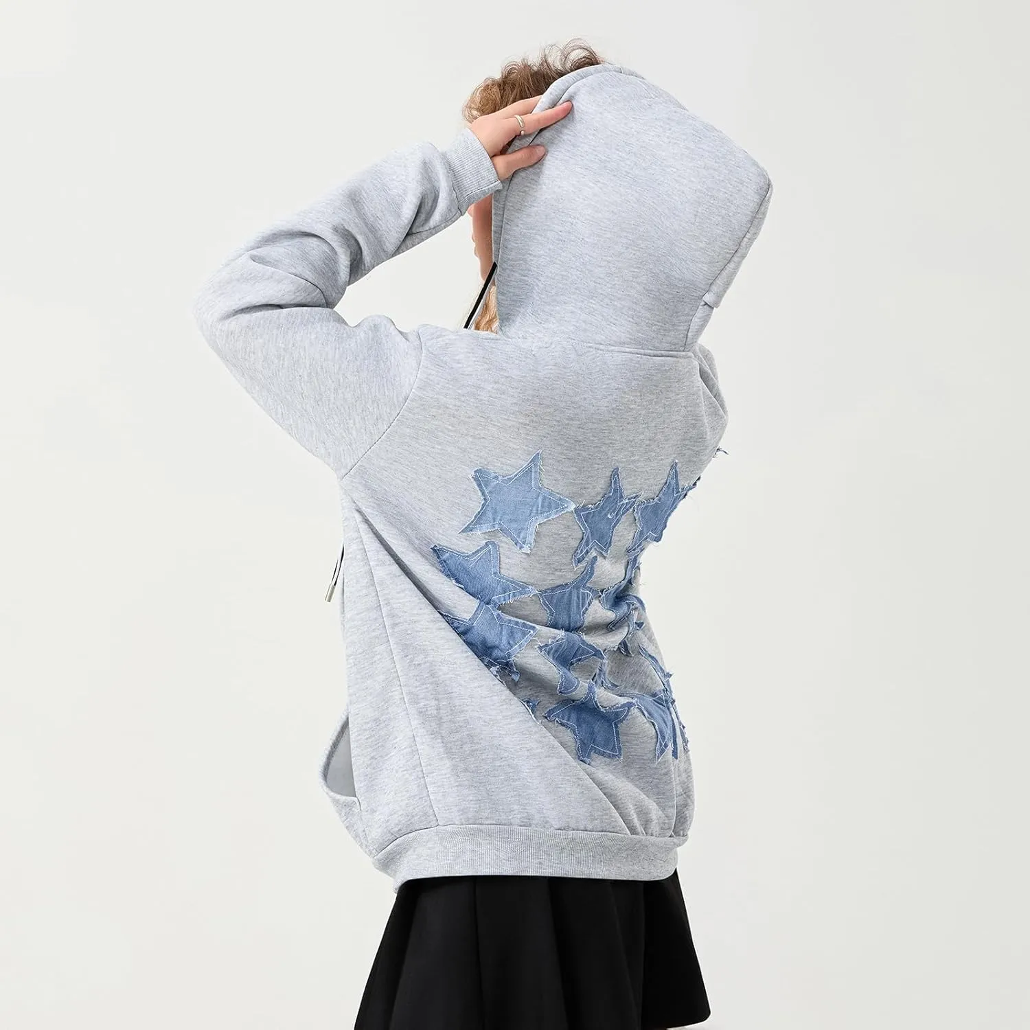 Mxiqqpltky Zip Up Hoodie Women Y2k Star Patch Graphic Hoodies Harajuku Oversized Aesthetic Sweatshirt Jacket Streetwear