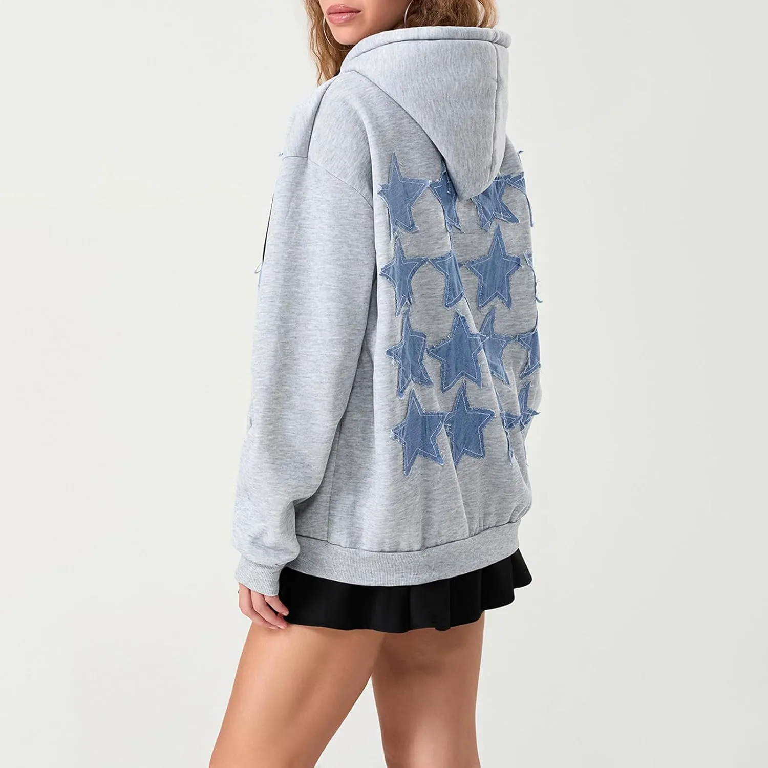 Mxiqqpltky Zip Up Hoodie Women Y2k Star Patch Graphic Hoodies Harajuku Oversized Aesthetic Sweatshirt Jacket Streetwear