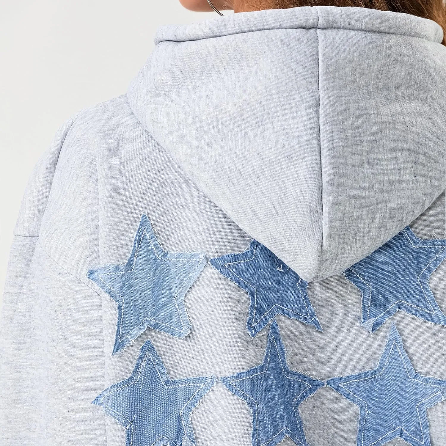 Mxiqqpltky Zip Up Hoodie Women Y2k Star Patch Graphic Hoodies Harajuku Oversized Aesthetic Sweatshirt Jacket Streetwear