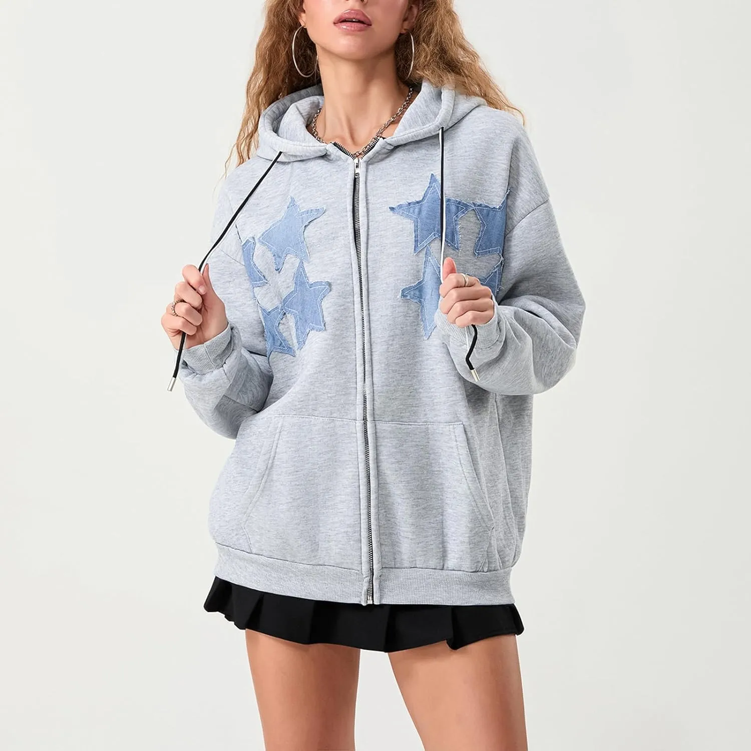 Mxiqqpltky Zip Up Hoodie Women Y2k Star Patch Graphic Hoodies Harajuku Oversized Aesthetic Sweatshirt Jacket Streetwear