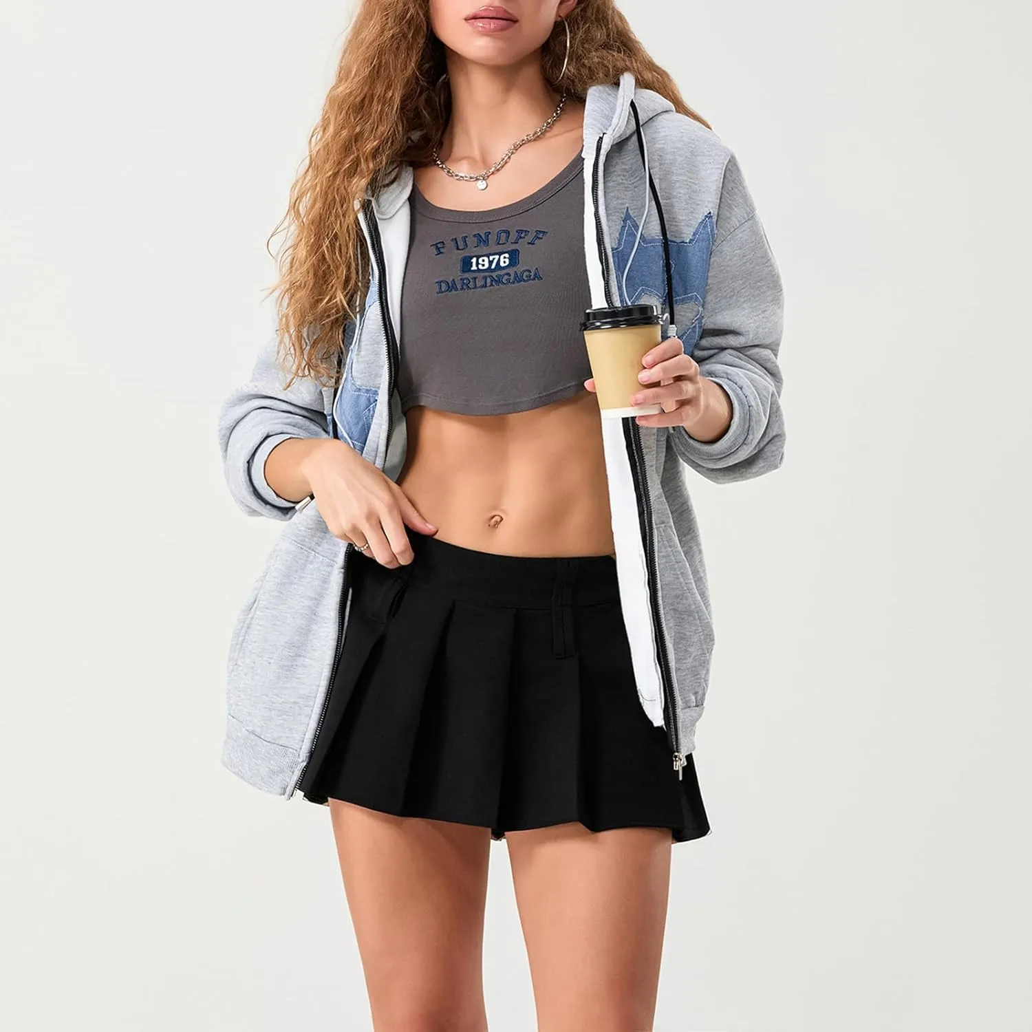 Mxiqqpltky Zip Up Hoodie Women Y2k Star Patch Graphic Hoodies Harajuku Oversized Aesthetic Sweatshirt Jacket Streetwear