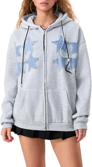 Mxiqqpltky Zip Up Hoodie Women Y2k Star Patch Graphic Hoodies Harajuku Oversized Aesthetic Sweatshirt Jacket Streetwear