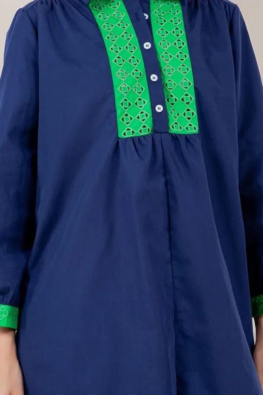 Navy Contrast Long Sleeve Collared Tunic Dress