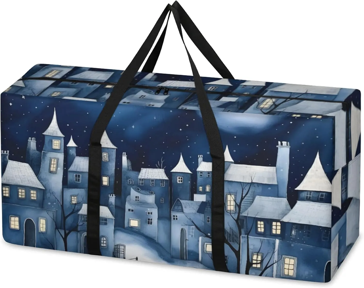 Night Village Extra Large Moving Bags Heavy Duty Storage Bags Watercolor Village Cloth Wrap Around Handles Double Zipper Reusable Convenient Foldable Storage Tote for Travel Camping Space Save