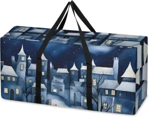 Night Village Extra Large Moving Bags Heavy Duty Storage Bags Watercolor Village Cloth Wrap Around Handles Double Zipper Reusable Convenient Foldable Storage Tote for Travel Camping Space Save