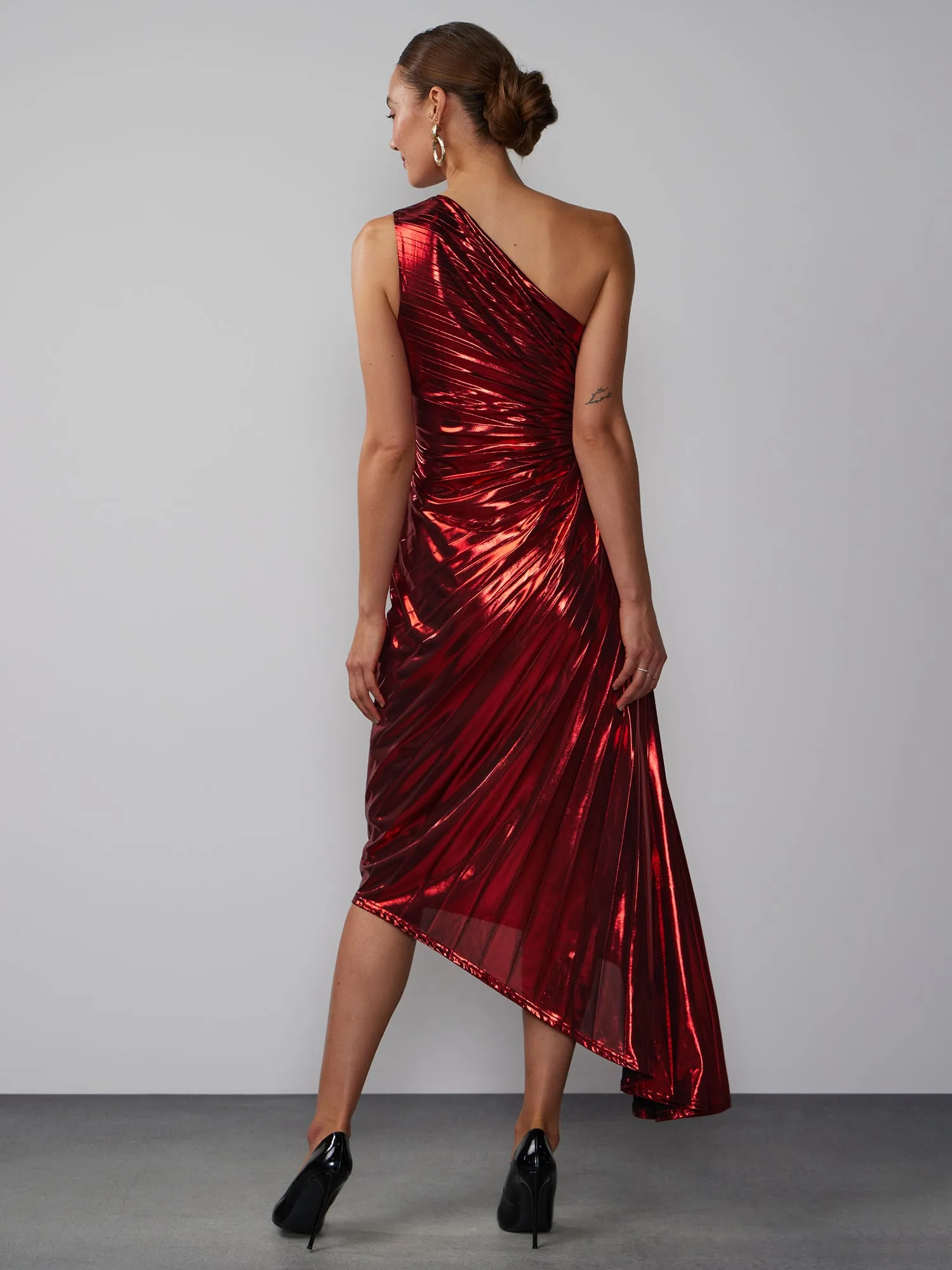 One Shoulder Metallic Pleated Asymmetric Dress