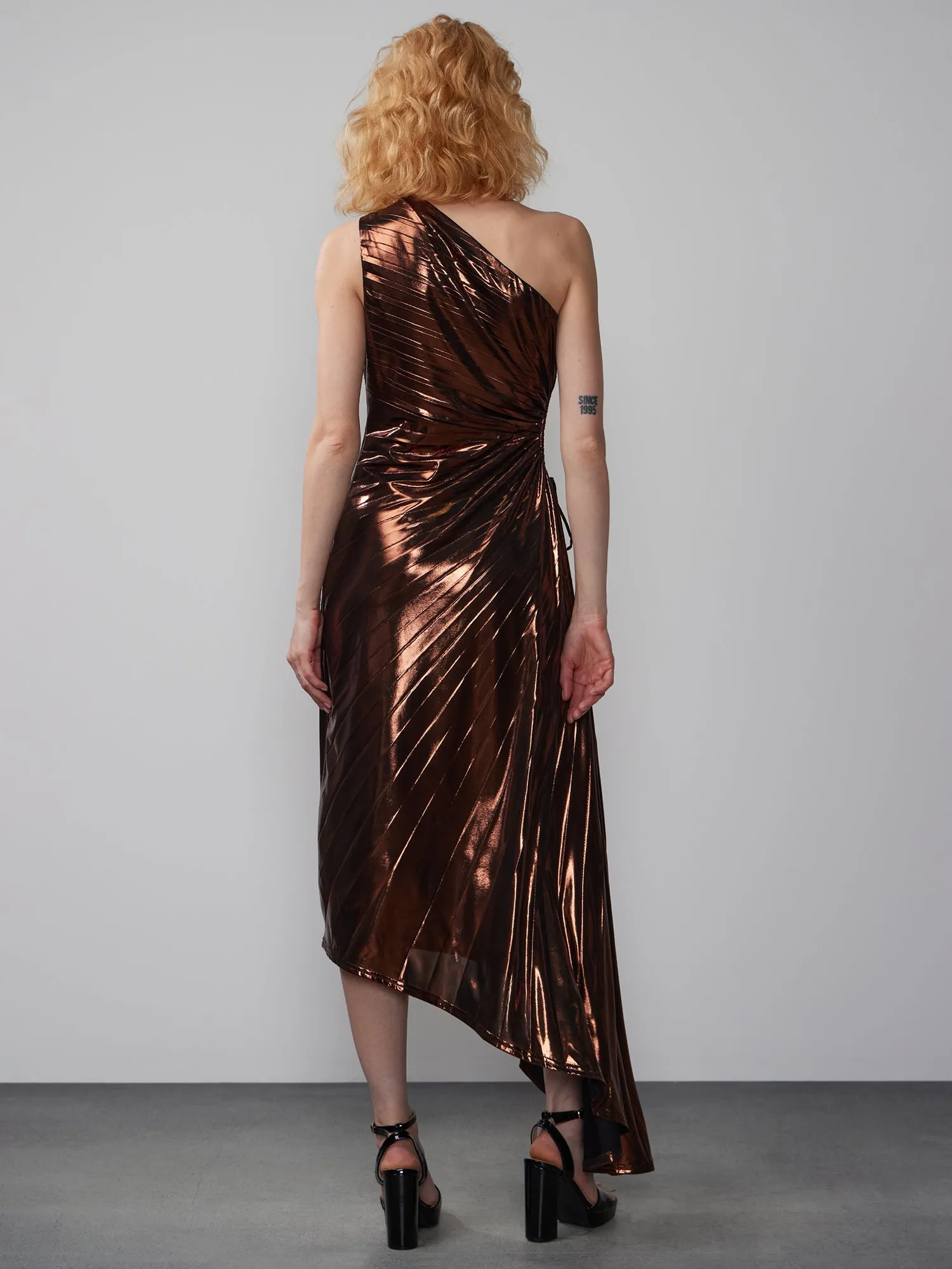 One Shoulder Metallic Pleated Asymmetric Dress