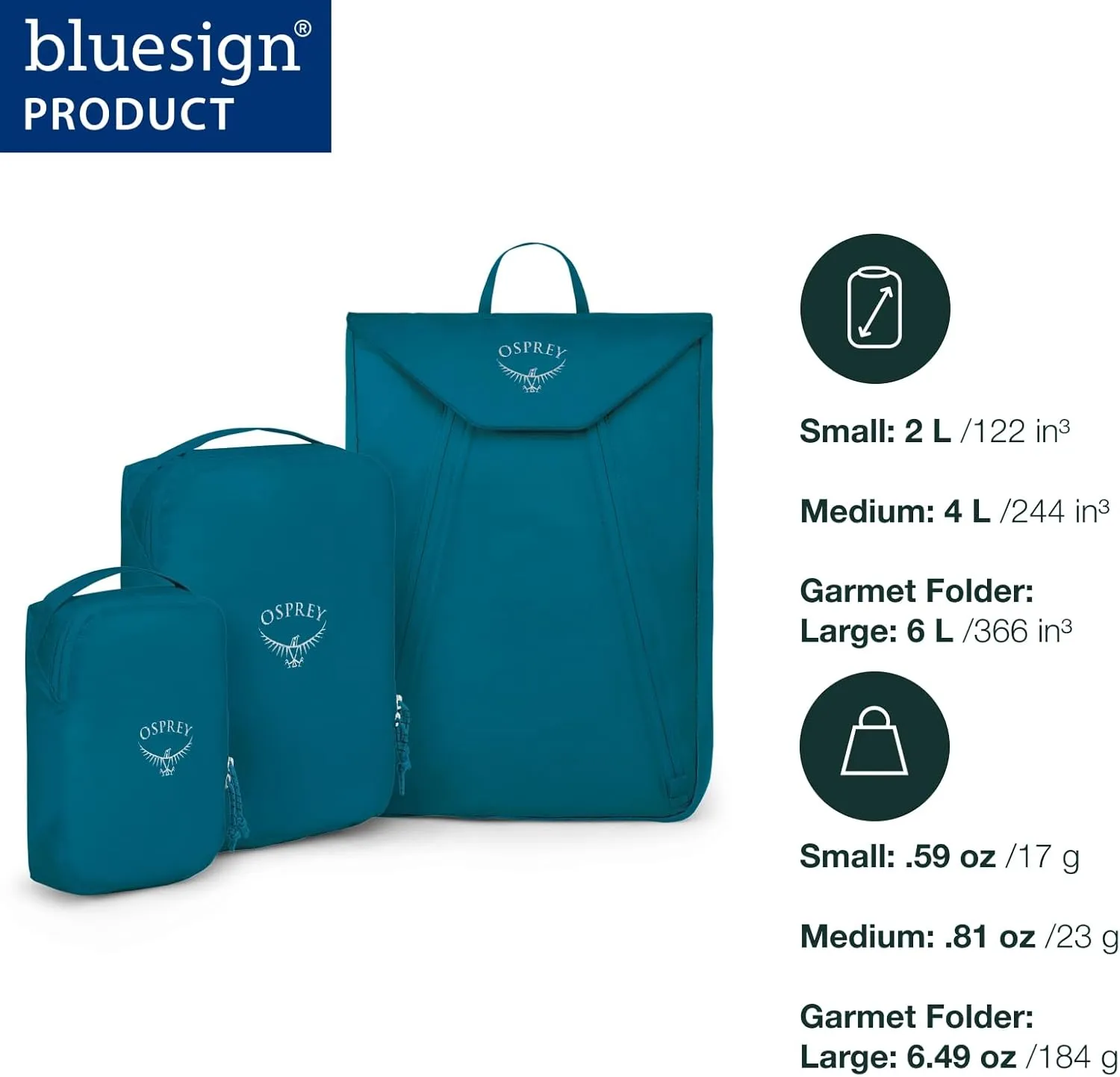 Osprey Ultralight Travel Starter Set, Includes Small & Medium Packing Cube and Garment Folder, Waterfront Blue