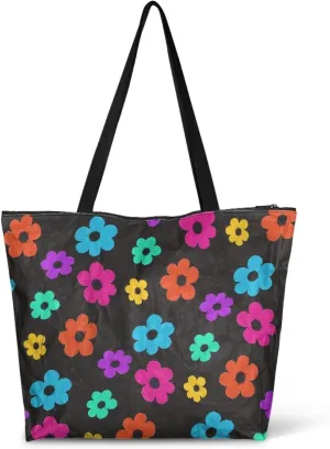 Paper Bag Shoulder Bag with Zippers, Butterfly Flowers Lightweight Large Shopping Beach Totes Bags Book Tote