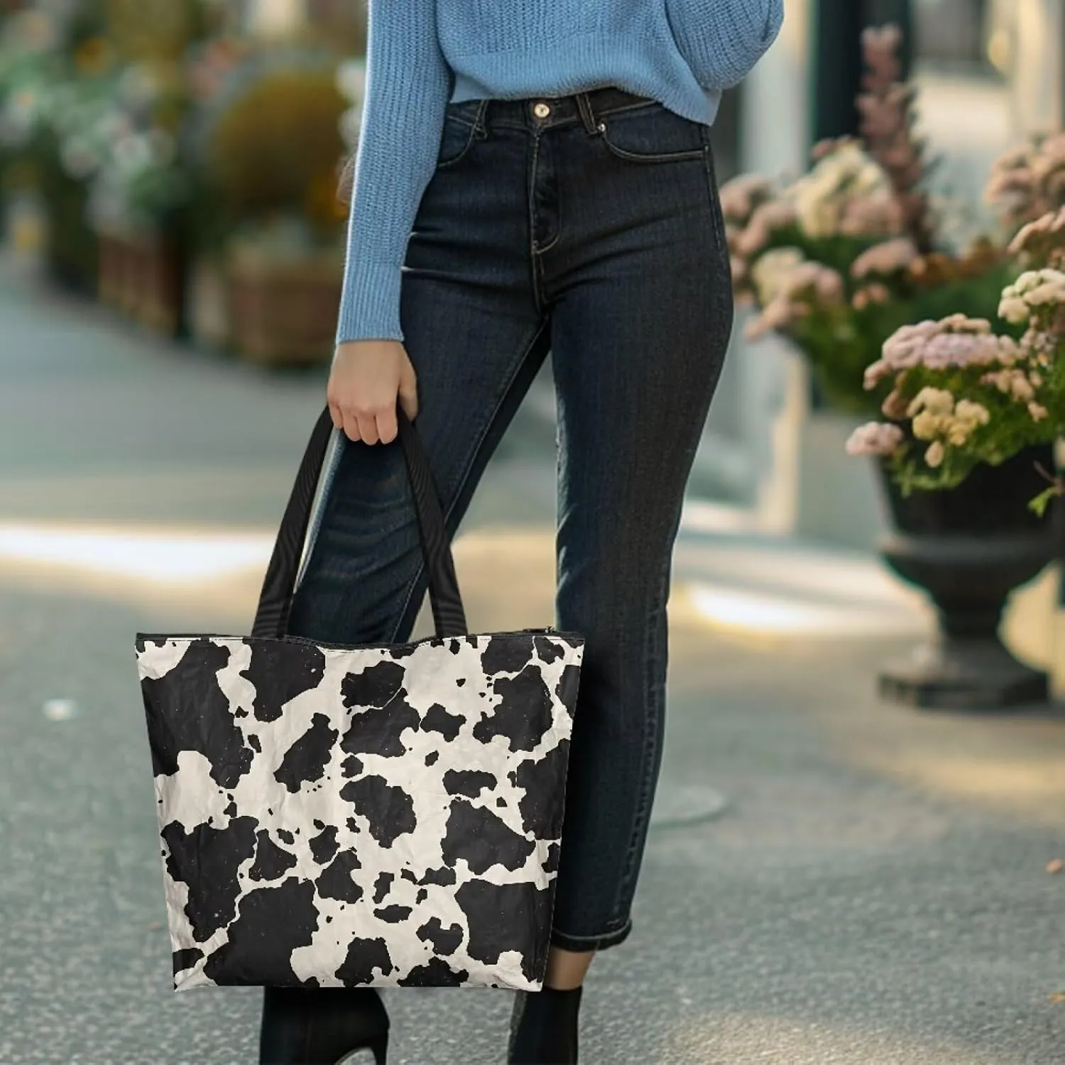 Paper Bag Shoulder Bag with Zippers, Butterfly Flowers Lightweight Large Shopping Beach Totes Bags Book Tote