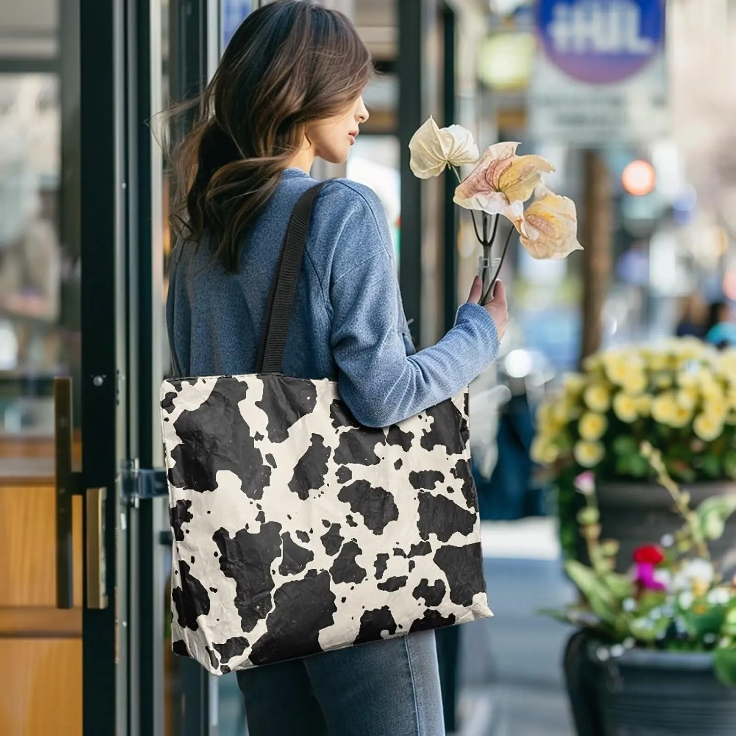 Paper Bag Shoulder Bag with Zippers, Butterfly Flowers Lightweight Large Shopping Beach Totes Bags Book Tote