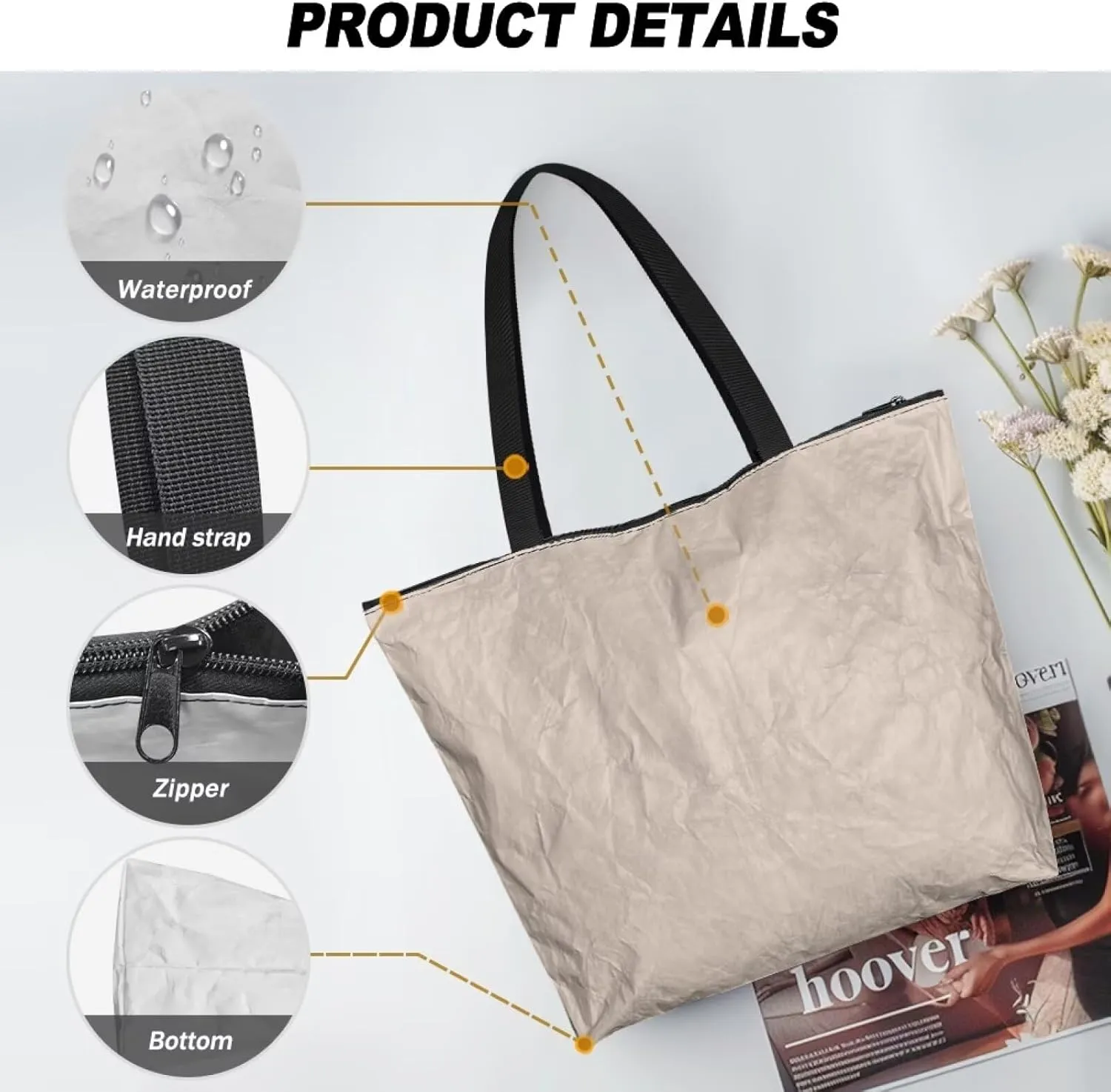Paper Bag Shoulder Bag with Zippers, Butterfly Flowers Lightweight Large Shopping Beach Totes Bags Book Tote