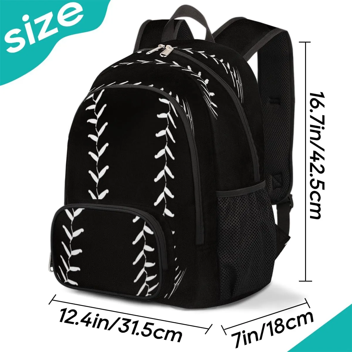 Pardick Black Baseball School Backpacks for Girls Boys Teens Students - Baseball Sport Stylish College Schoolbag Book Bag - Water Resistant Travel Backpacks for Women Men