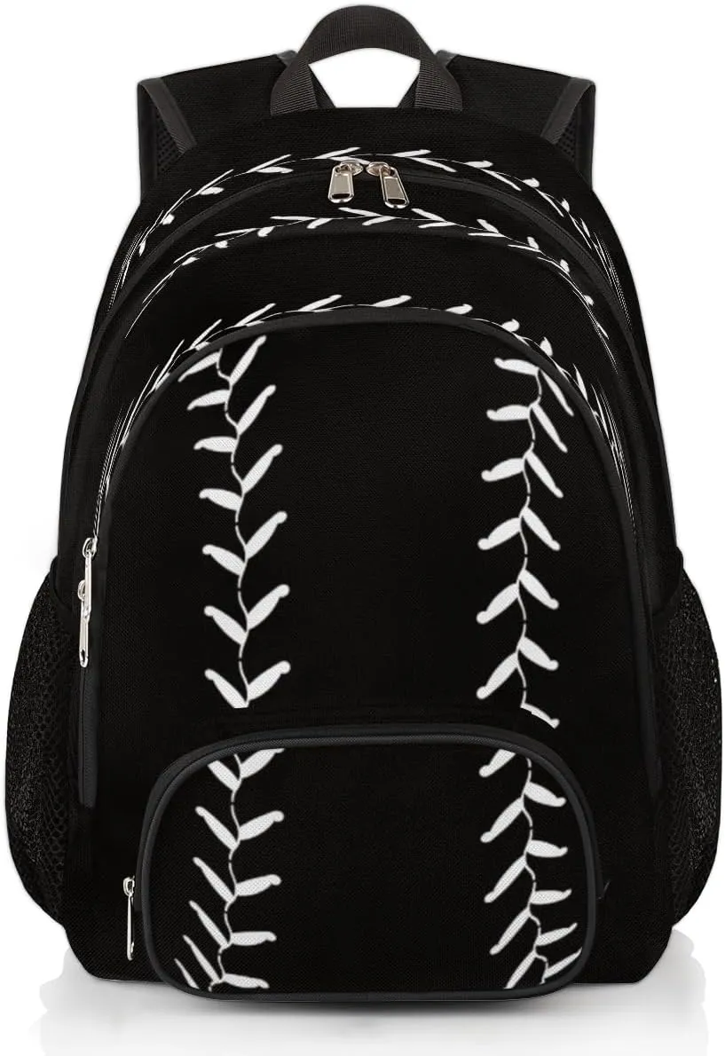Pardick Black Baseball School Backpacks for Girls Boys Teens Students - Baseball Sport Stylish College Schoolbag Book Bag - Water Resistant Travel Backpacks for Women Men