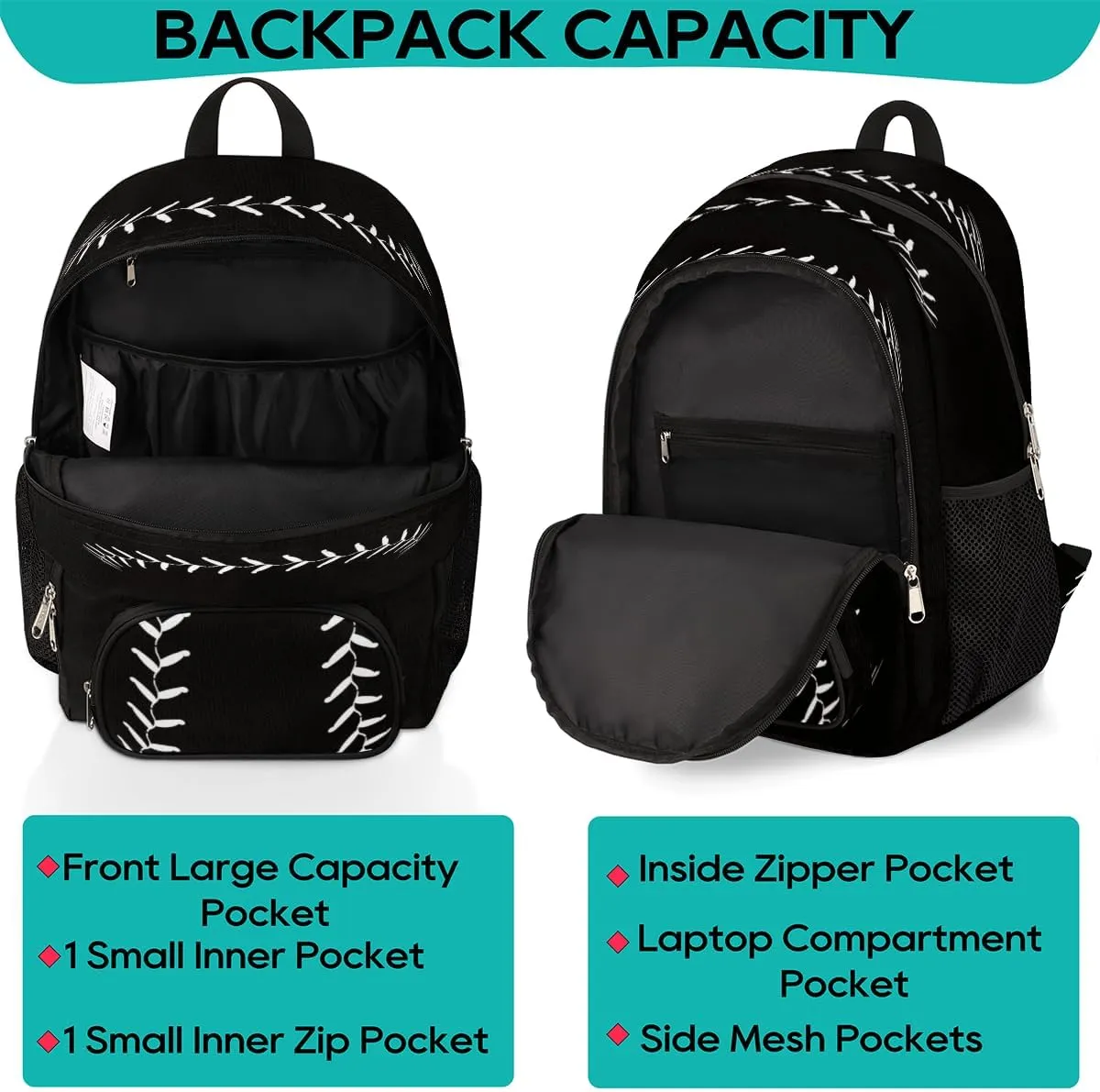Pardick Black Baseball School Backpacks for Girls Boys Teens Students - Baseball Sport Stylish College Schoolbag Book Bag - Water Resistant Travel Backpacks for Women Men