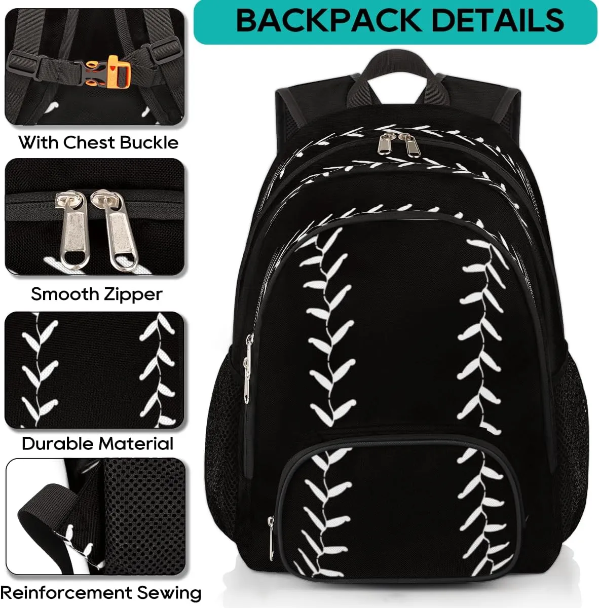 Pardick Black Baseball School Backpacks for Girls Boys Teens Students - Baseball Sport Stylish College Schoolbag Book Bag - Water Resistant Travel Backpacks for Women Men
