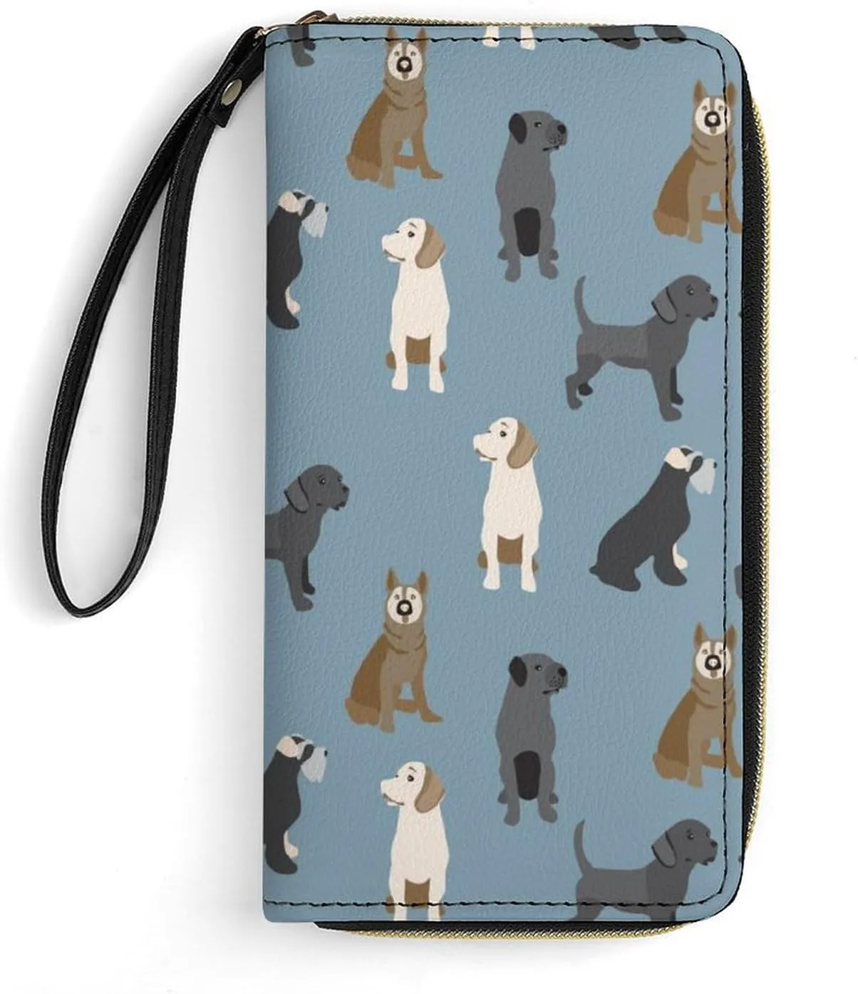 Pattern with Dogs Colorful Womens Wallet Zippered Long Clutch Purse Leather Handbag with Wristlet Strap