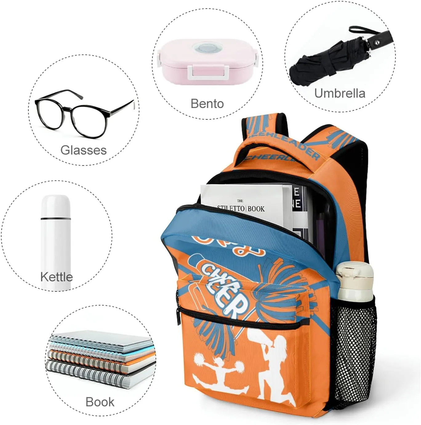 Personalized Cheerleader Backpacks Name Waterproof Laptop Bags Cheer Pom Orange Blue