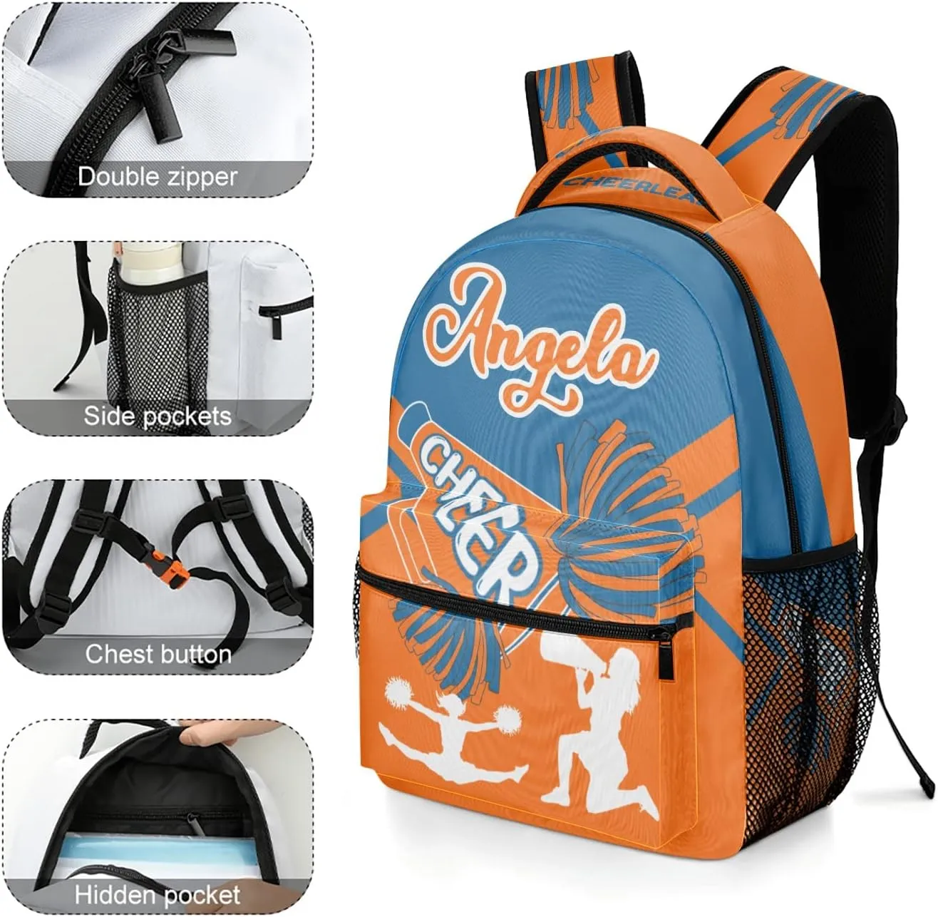 Personalized Cheerleader Backpacks Name Waterproof Laptop Bags Cheer Pom Orange Blue