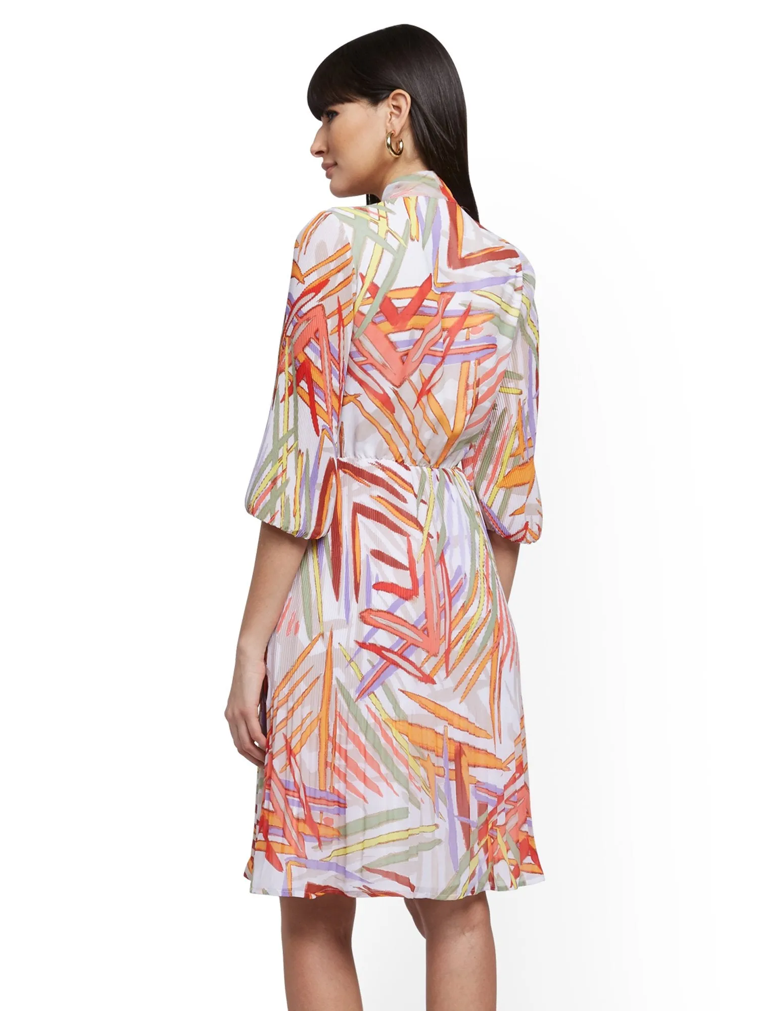 Petite Balloon-Sleeve Pleated Dress