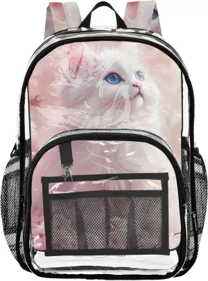 Pink Cherry Blossom White Cat Travel Clear Backpack Floral Kids Girls Backpack Boys Large Plastic Approved Bag