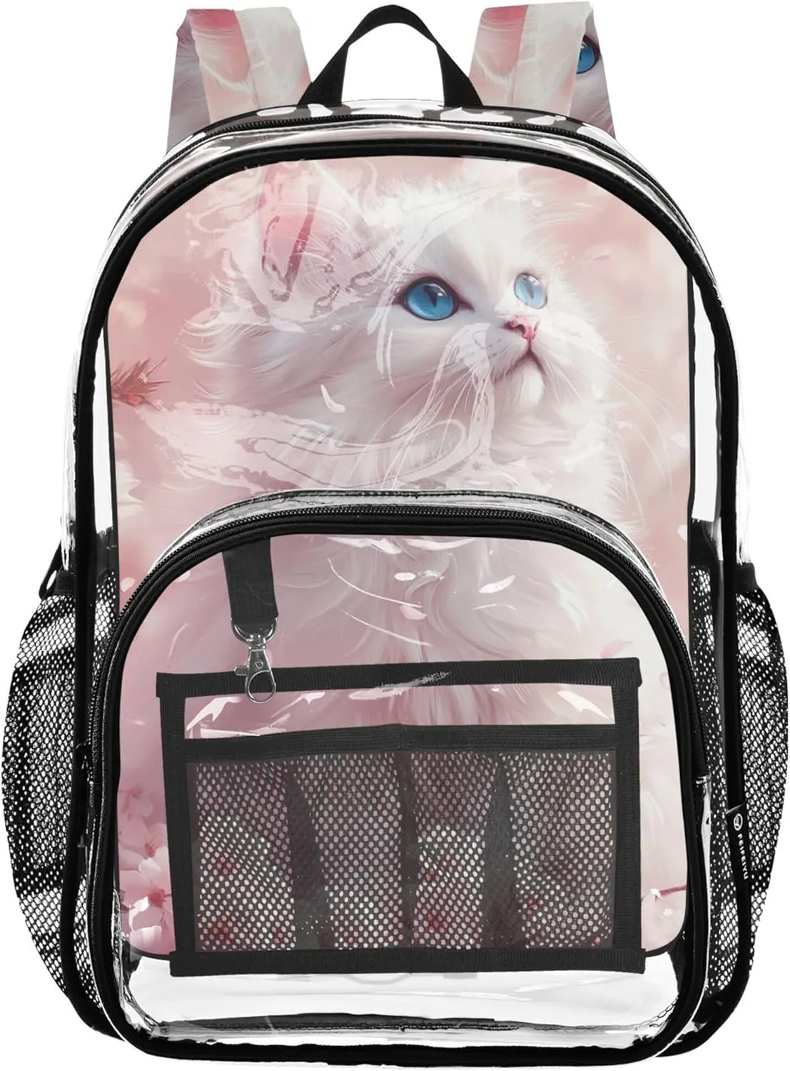 Pink Cherry Blossom White Cat Travel Clear Backpack Floral Kids Girls Backpack Boys Large Plastic Approved Bag