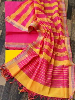 Pink Yellow Mangalagiri Cotton Dress Material