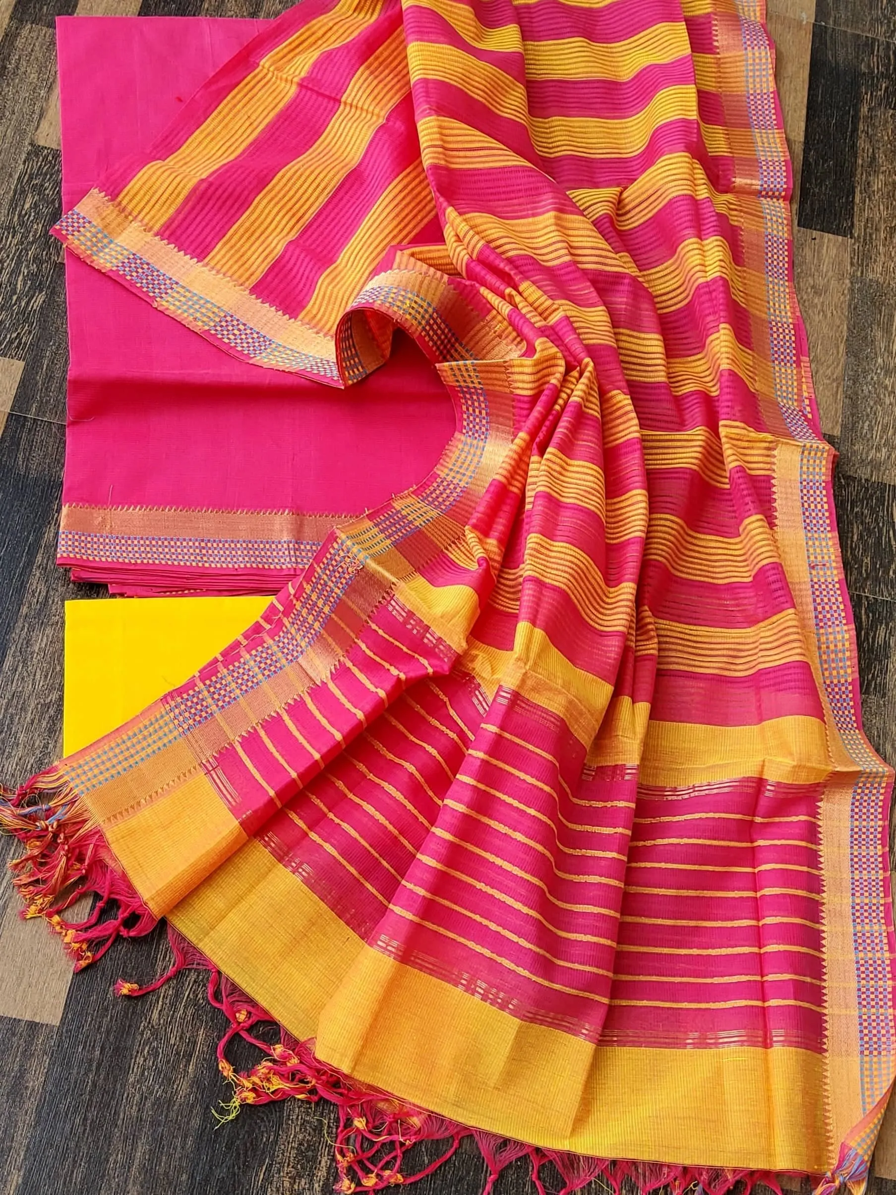 Pink Yellow Mangalagiri Cotton Dress Material