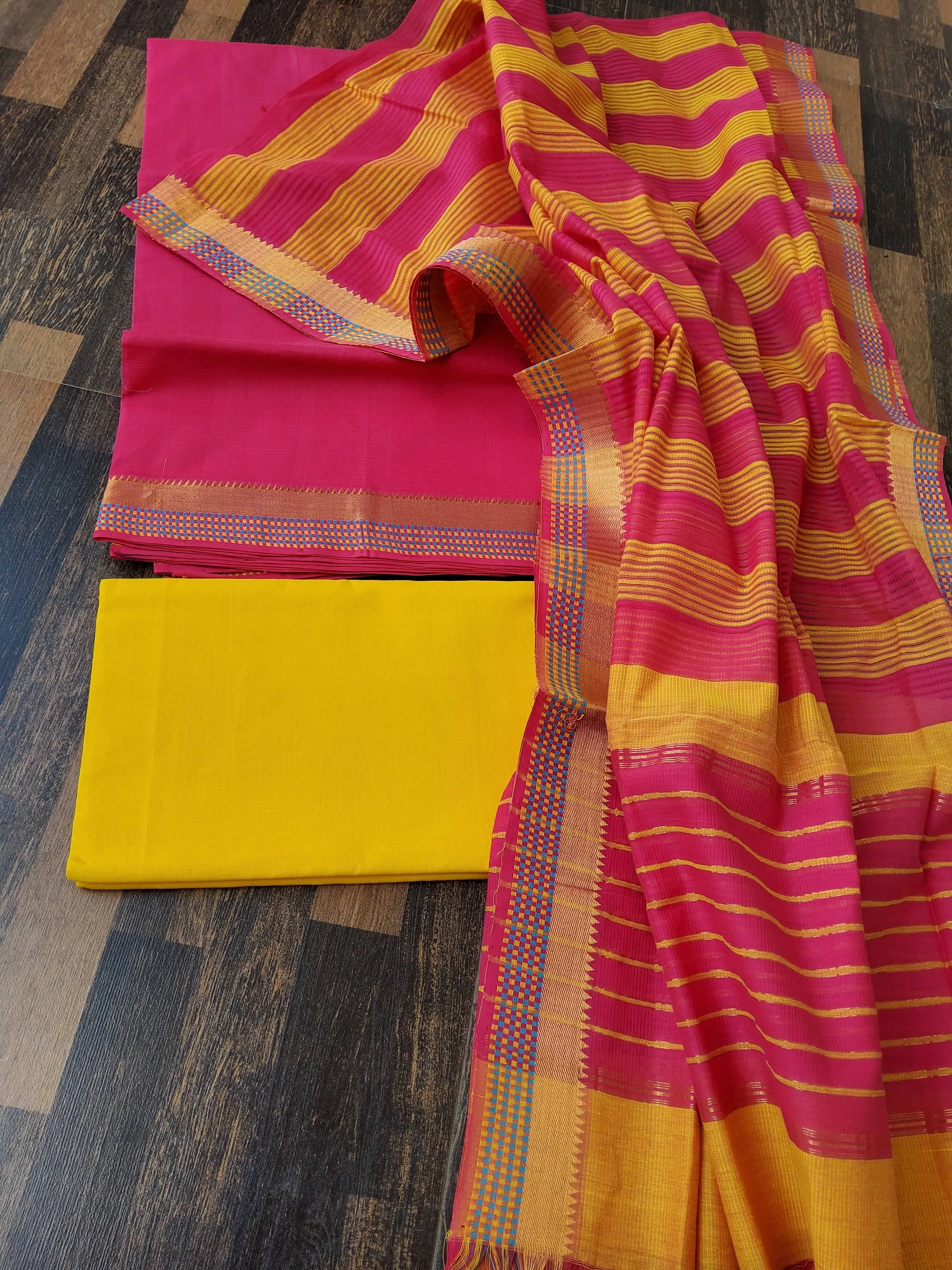 Pink Yellow Mangalagiri Cotton Dress Material