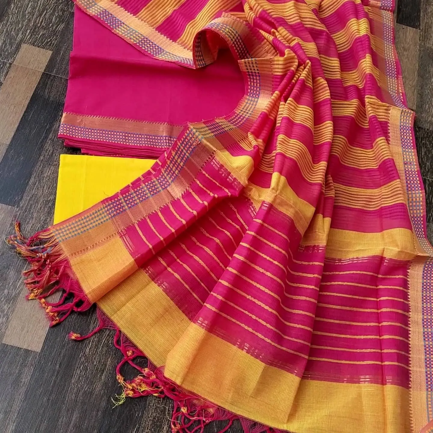 Pink Yellow Mangalagiri Cotton Dress Material