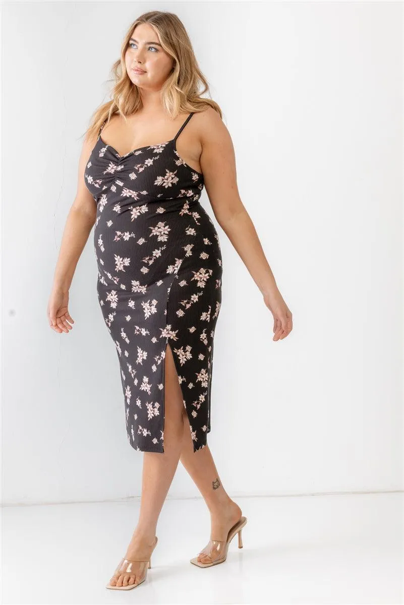 Plus Size Floral Ribbed Ruched Sleeveless Black Midi Dress