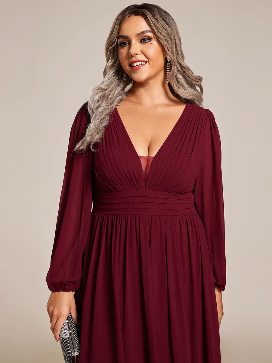Plus Size V-Neck Long Lantern Sleeves A-Line Chiffon Bridesmaid Dress